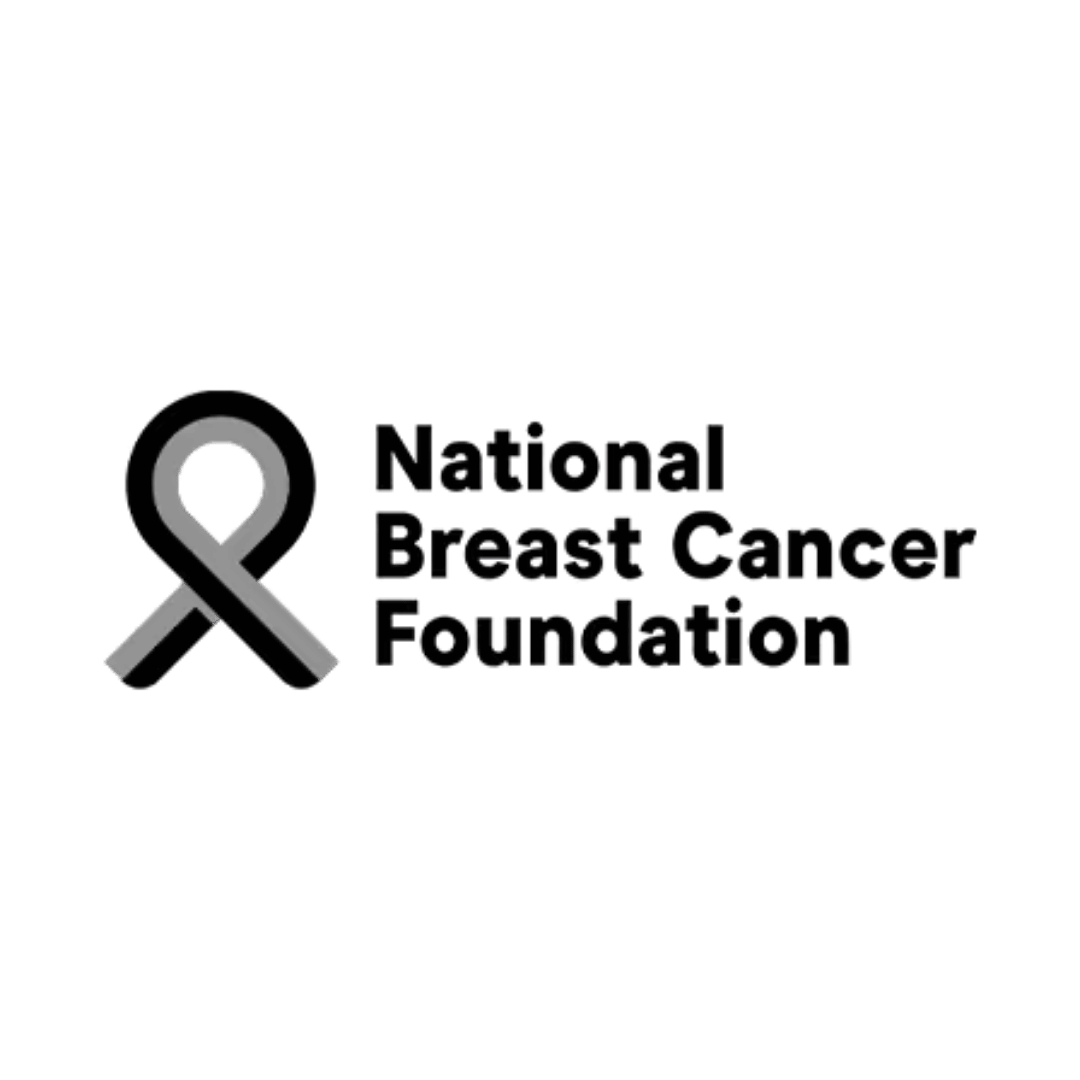 Logo of the National Breast Cancer Foundation featuring a stylized ribbon symbol to the left of the organization name in bold black text.
