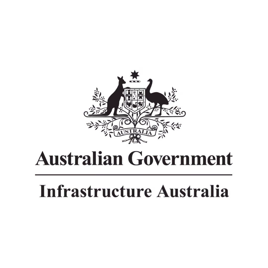 Infustructure Australia logo. Coat of arms of Australia with a kangaroo on the left and an emu on the right, above the text 'Australian Government' and 'Infrastructure Australia' separated by a horizontal line.