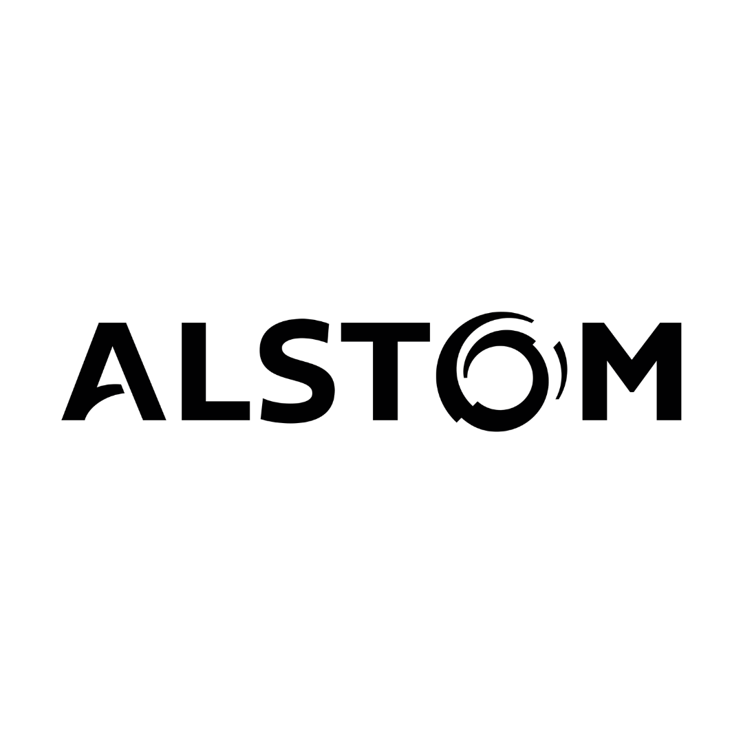 Alstom logo with stylized letters and a circular design forming the letter O.