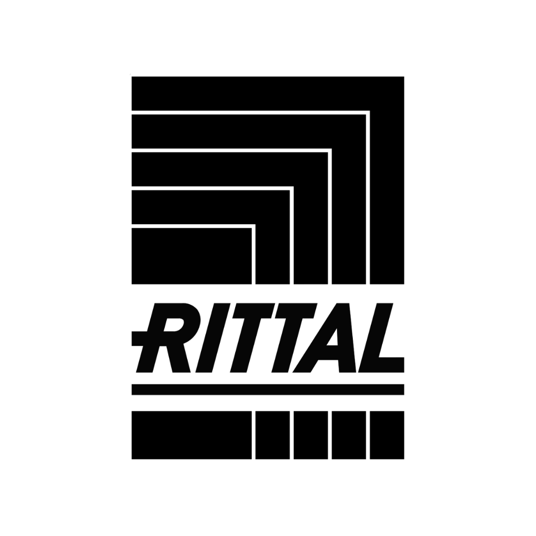 RITTAL company logo featuring the name in bold uppercase letters below a geometric design with five nested right angles, and five black rectangles aligned horizontally beneath the name.