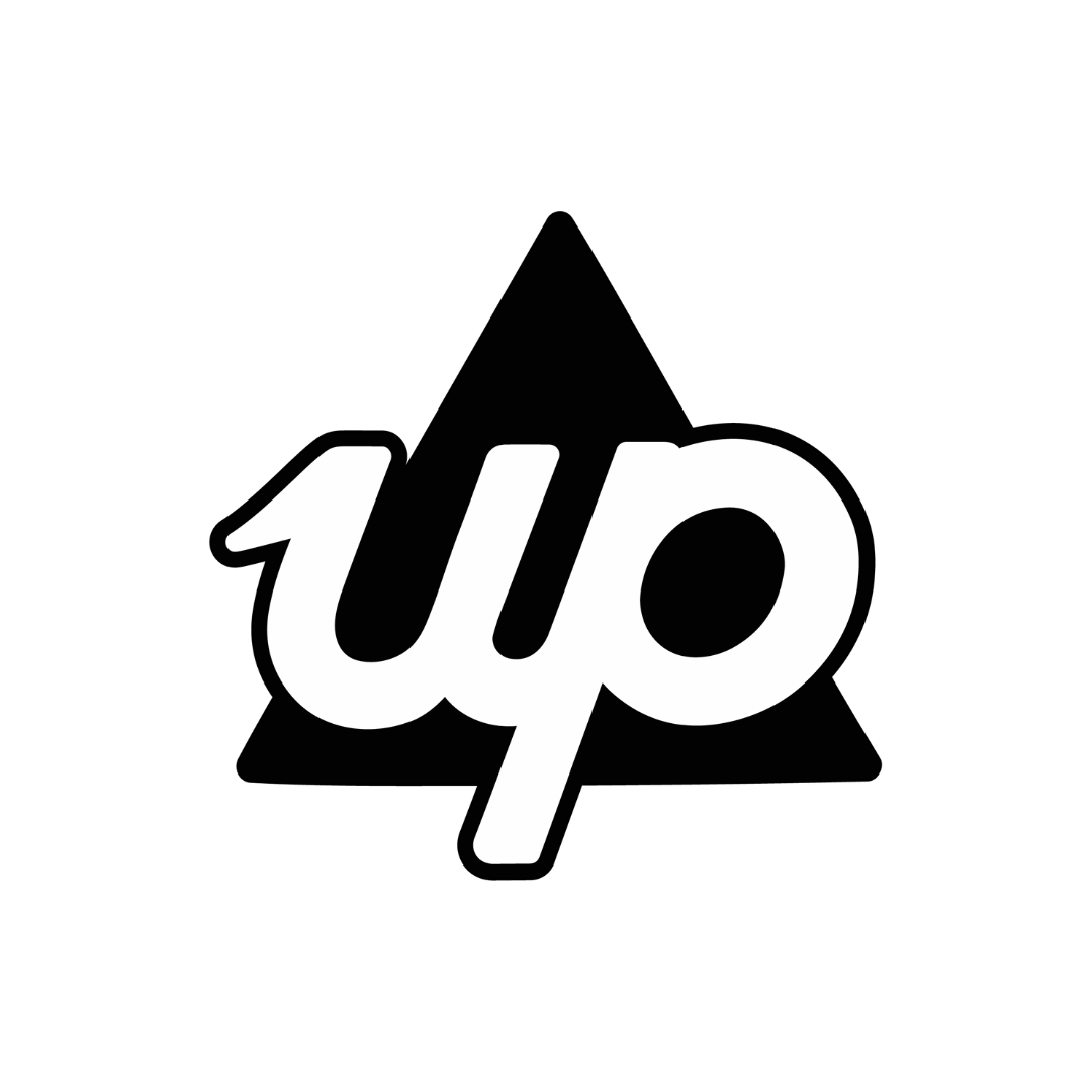 Up logo. White lowercase word 'up' stylized with the 'u' forming an arrow pointing upward, placed over a solid black triangle.