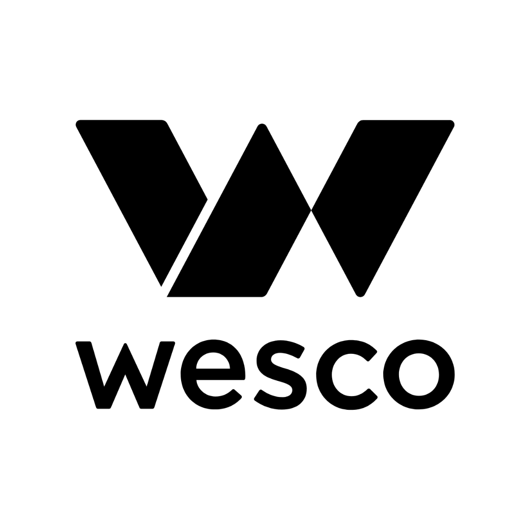Wesco logo with stylized overlapping black geometric shapes forming a 'W' above the word 'wesco' in lowercase black letters.