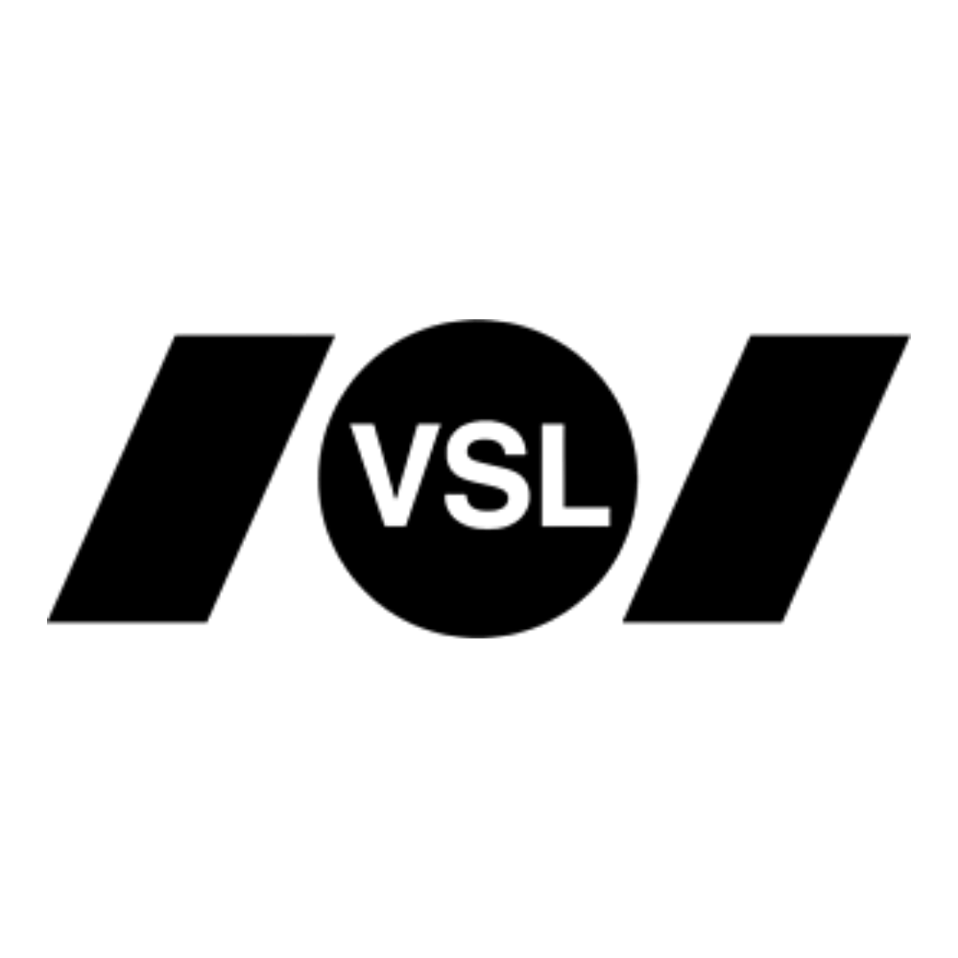 VSL logo with the letters VSL inside a solid black circle flanked by two angled black parallelograms on each side.