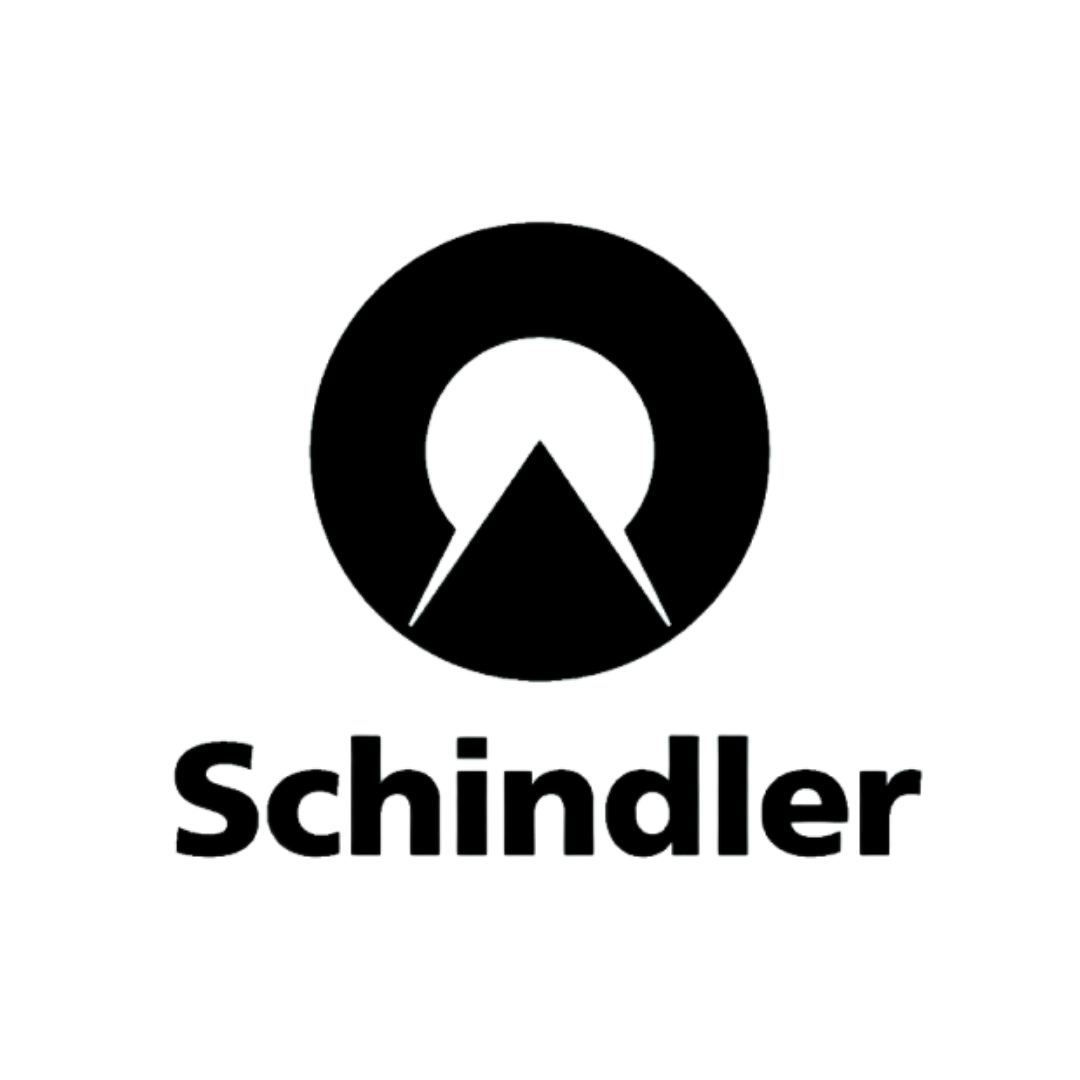 Schindler company logo with a black circle featuring a white inner circle and a black triangle pointing upward in the center above the word Schindler in bold black letters.
