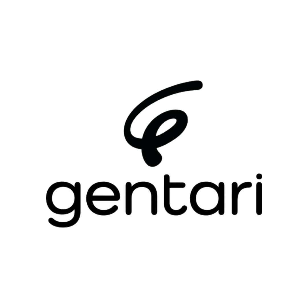 Gentari brand logo featuring a stylized abstract symbol above the word 'gentari' in lowercase letters.
