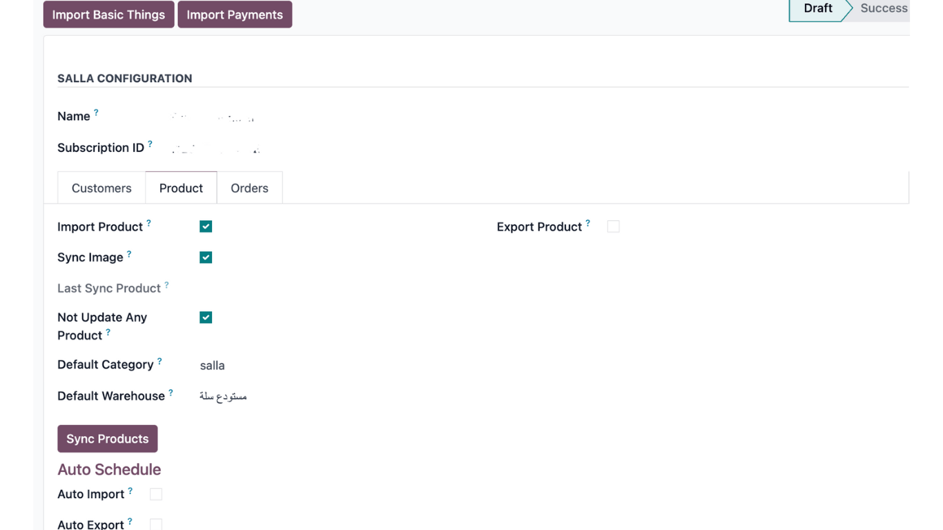 Salla configuration in Odoo, product settings