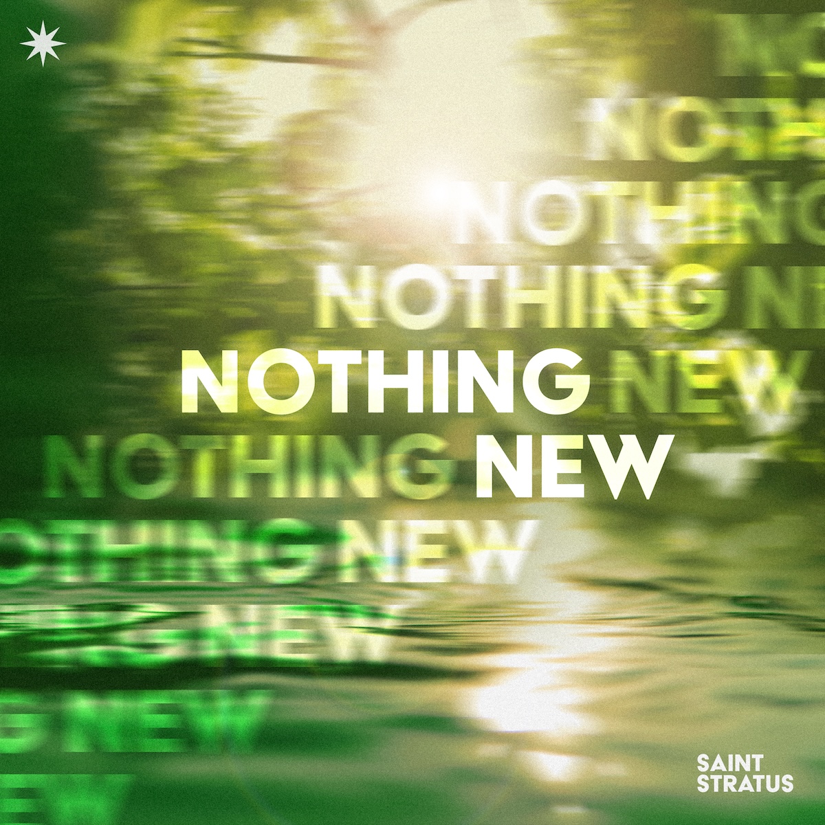 Album artwork for Nothing New. The song title overlays a green and yellow image of foliage over a body of water.