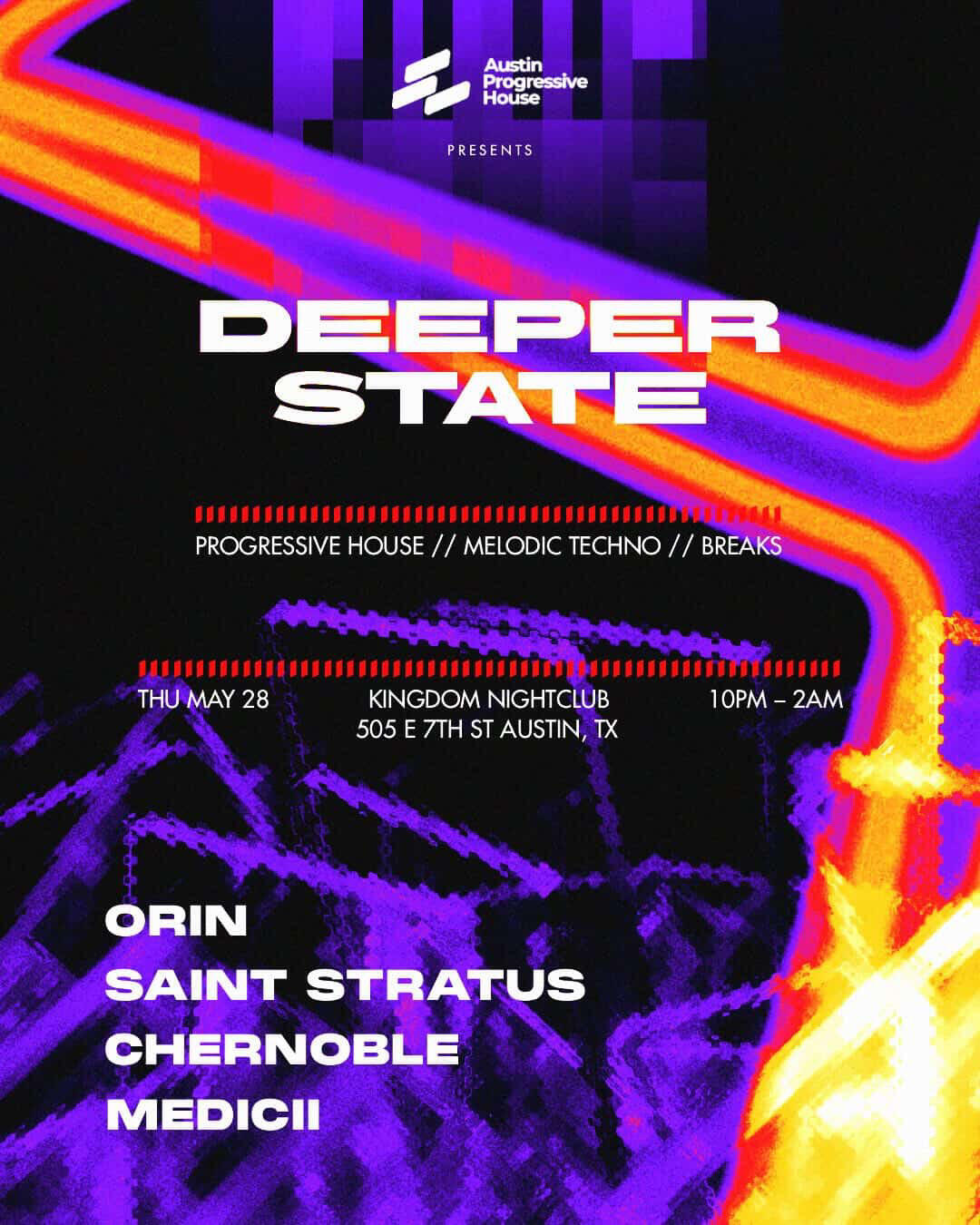 An abstract design flyer for Deeper State at Kingdom.