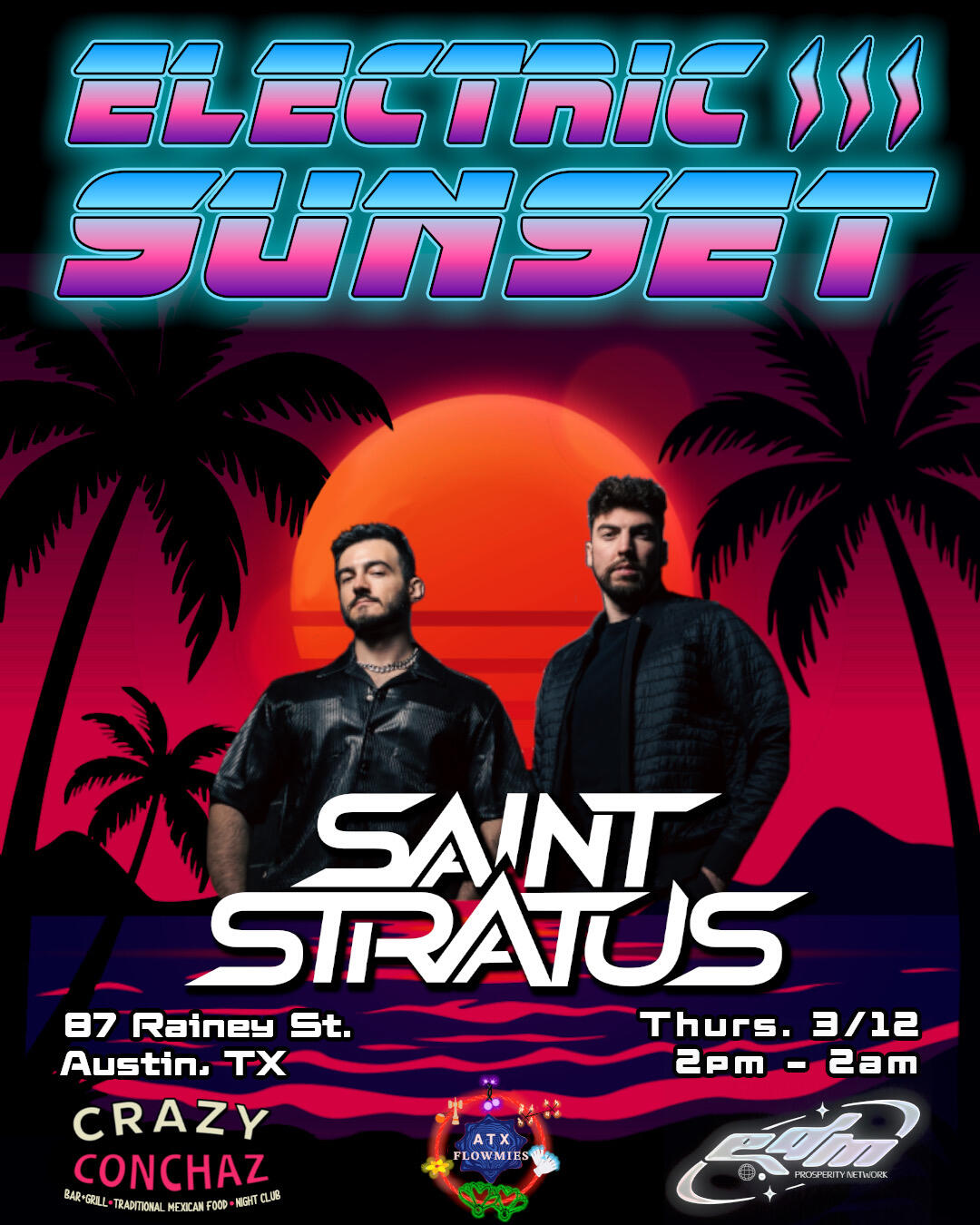 A flyer for Electric Sunset at Crazy Conchaz during SXSW 2026.