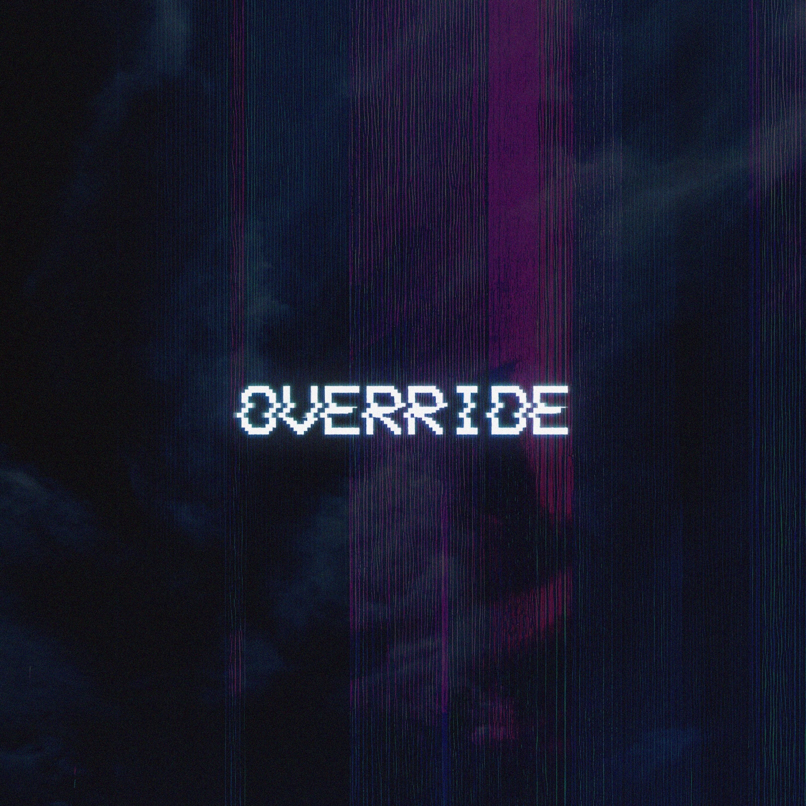 Album artwork for Override by Saint Stratus. A glitchy VHS overlays an image of storm clouds in blue and violet.