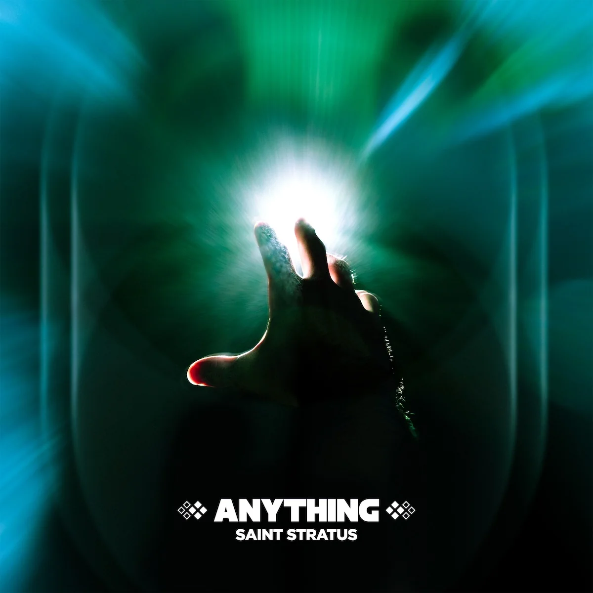 Album artwork for Anything by Saint Stratus. A hand reaches towards a light source, casting teal and green light flares.