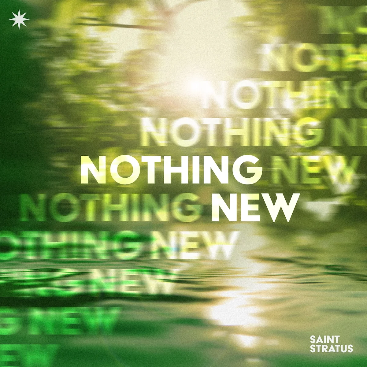 Album artwork for Nothing New. The song title overlays a green and yellow image of foliage over a body of water.