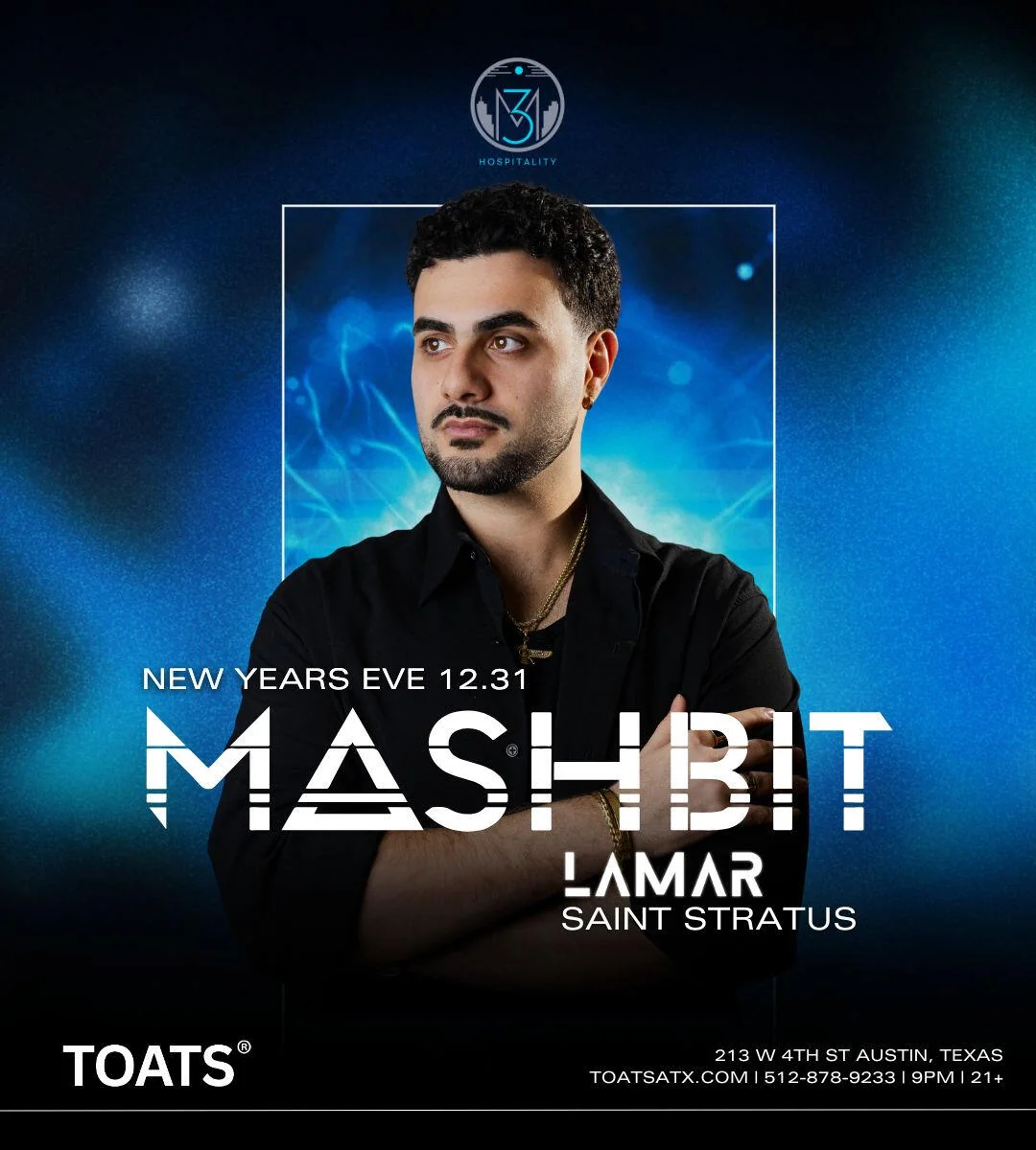 A flyer for New Year's Eve with Mashbit at TOATS, featuring a headshot of Mashbit.