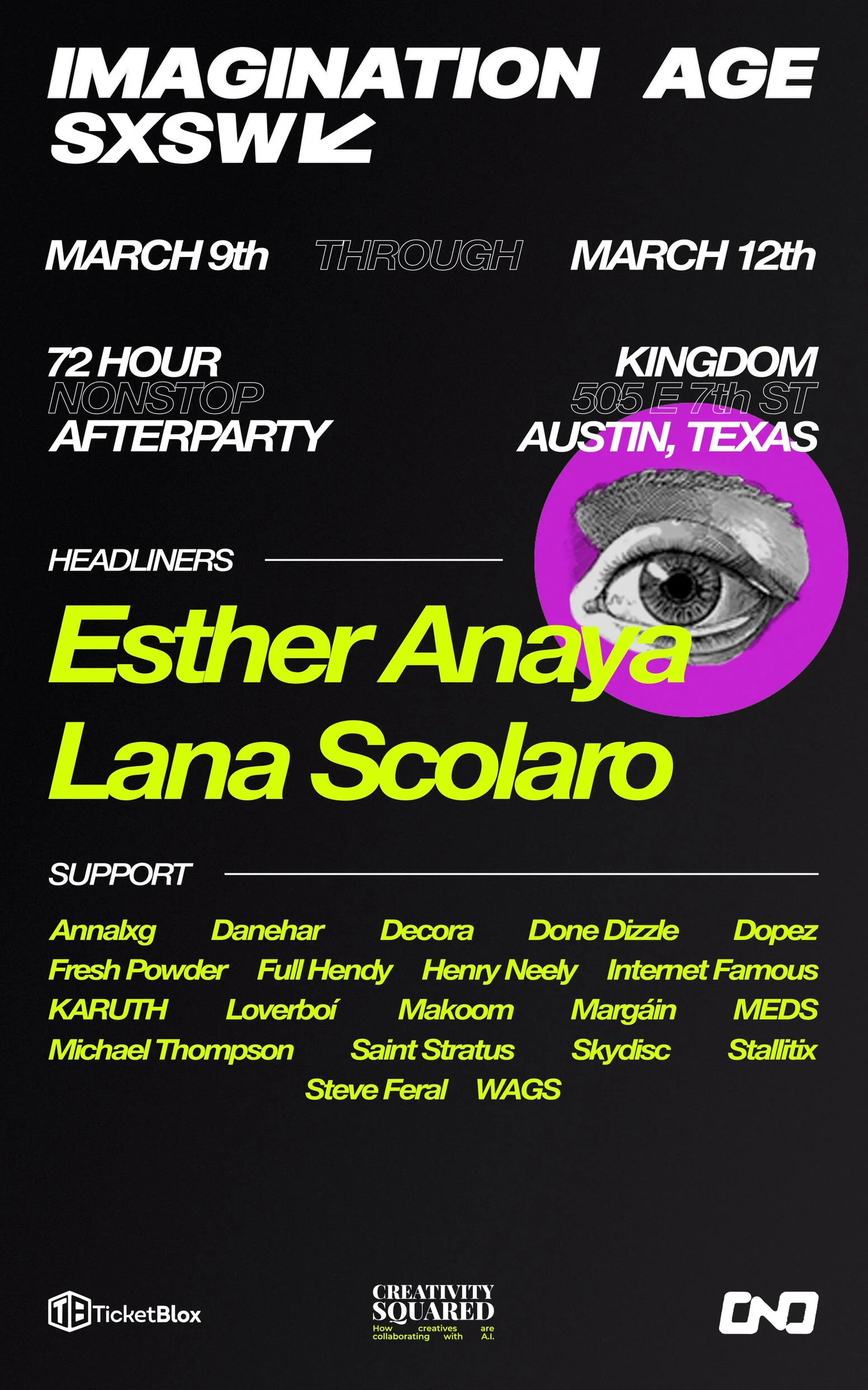 A flyer for the Imagination Age 72-music festival at Kingdom during SXSW 2025.