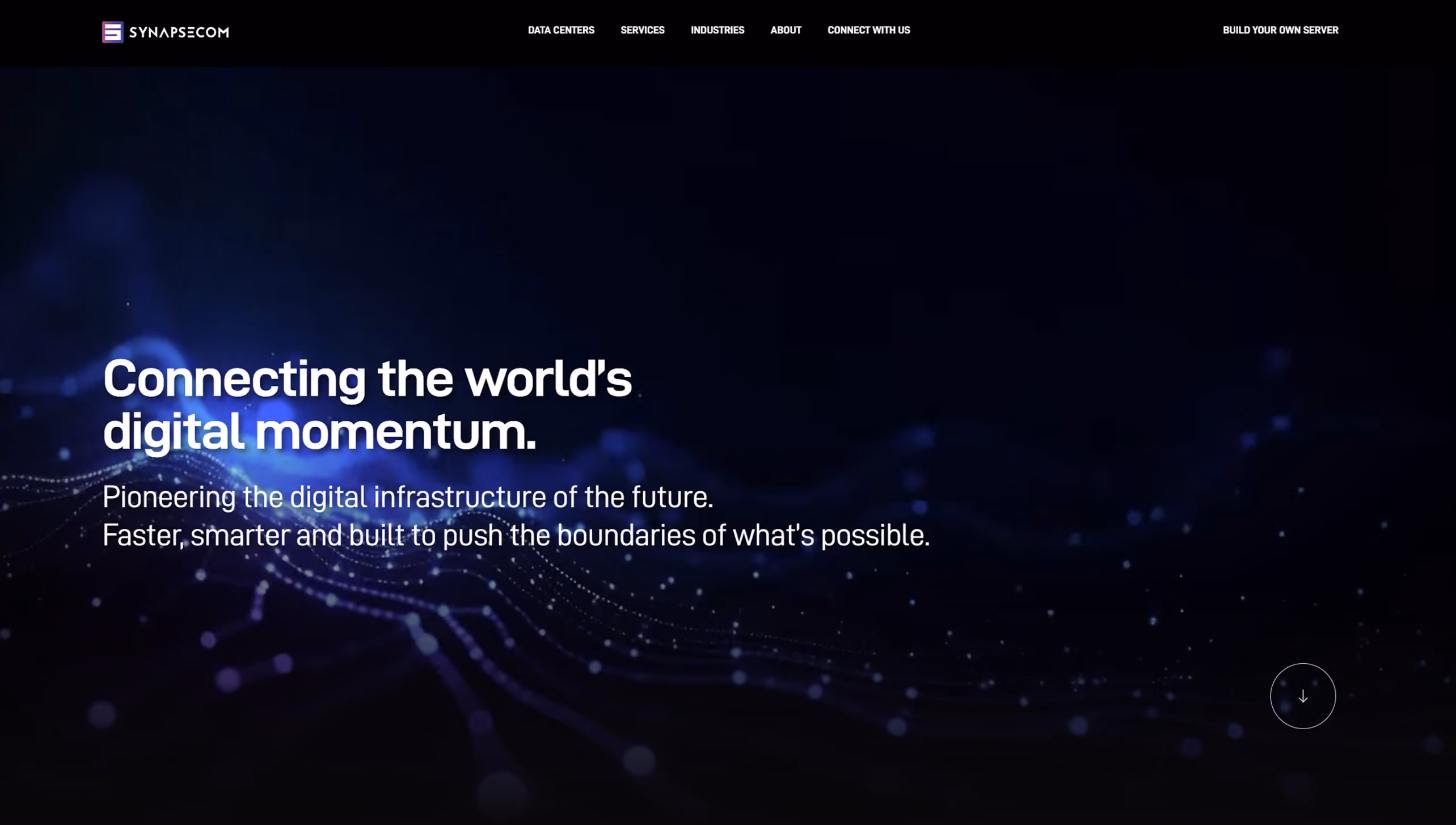 Dark digital network background with text about connecting the world's digital momentum and future tech.