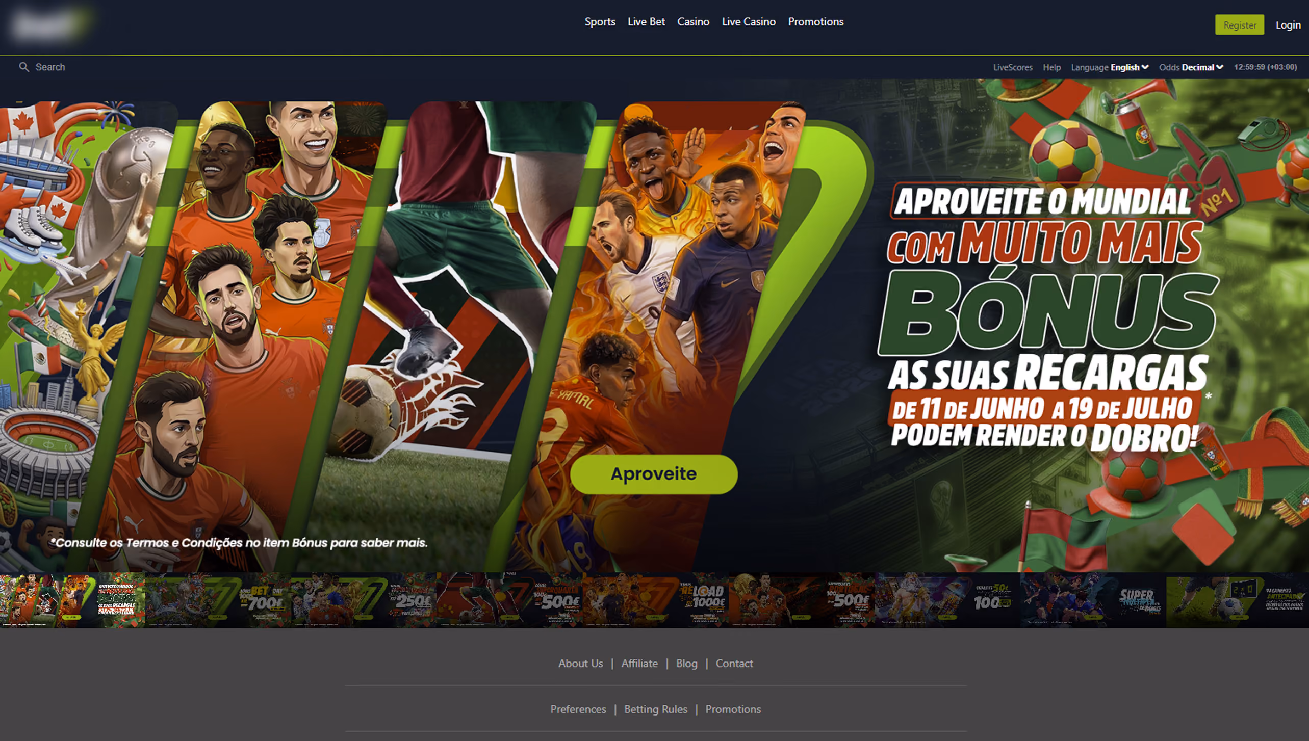 Sports-themed website banner showing soccer players and a bonus offer for World Cup reloads from June 11 to July 19.