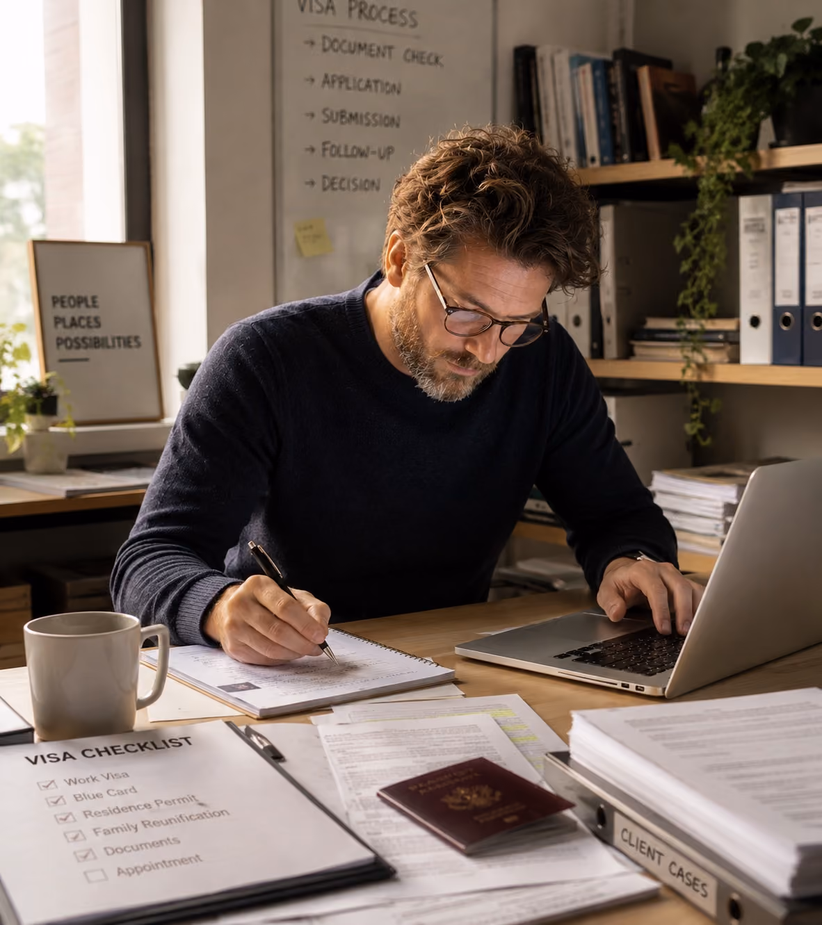 Man with glasses working at desk with laptop, writing notes near documents, a passport, coffee mug, and a visa checklist in an office setting.