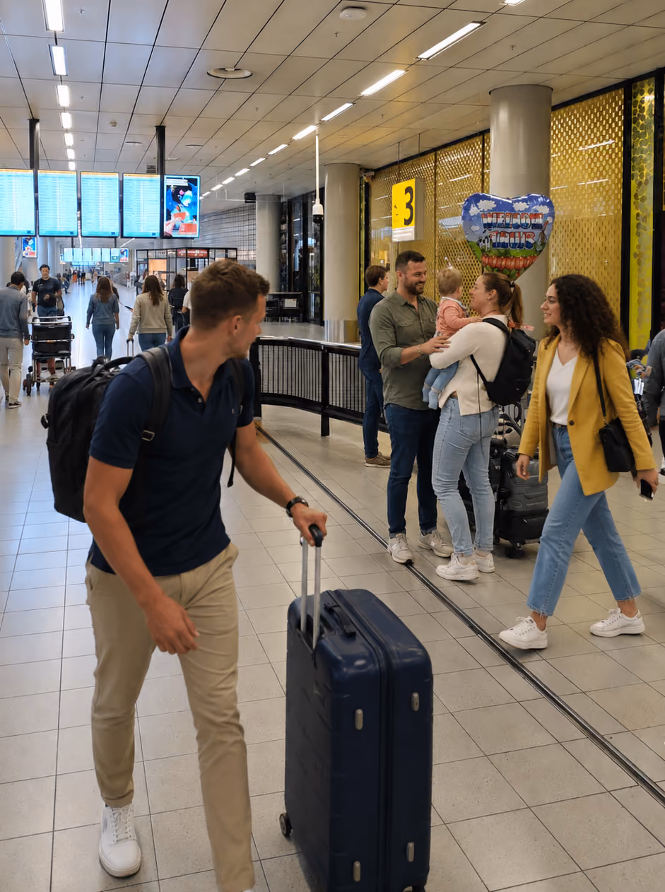 Airport terminal with travelers. A man pulls a navy suitcase, a couple with a small child holds a balloon, and a woman in a yellow jacket walks nearby near gate number 3.