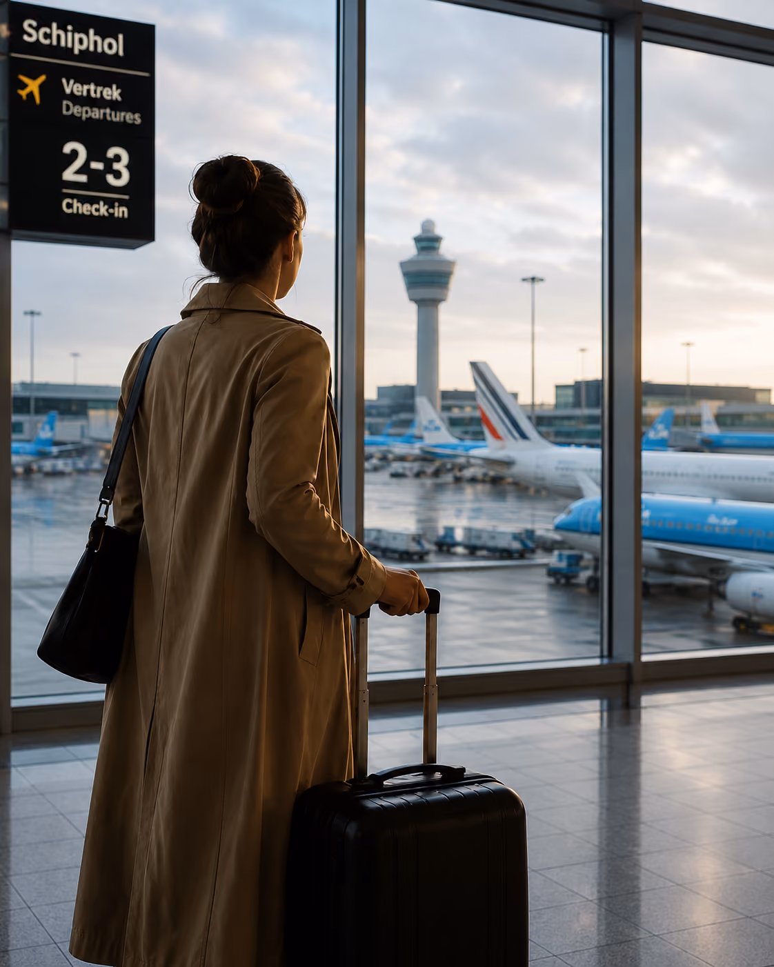 Woman in a brown coat holding a rolling suitcase and looking out large airport windows at planes and an air traffic control tower at Schiphol Airport.