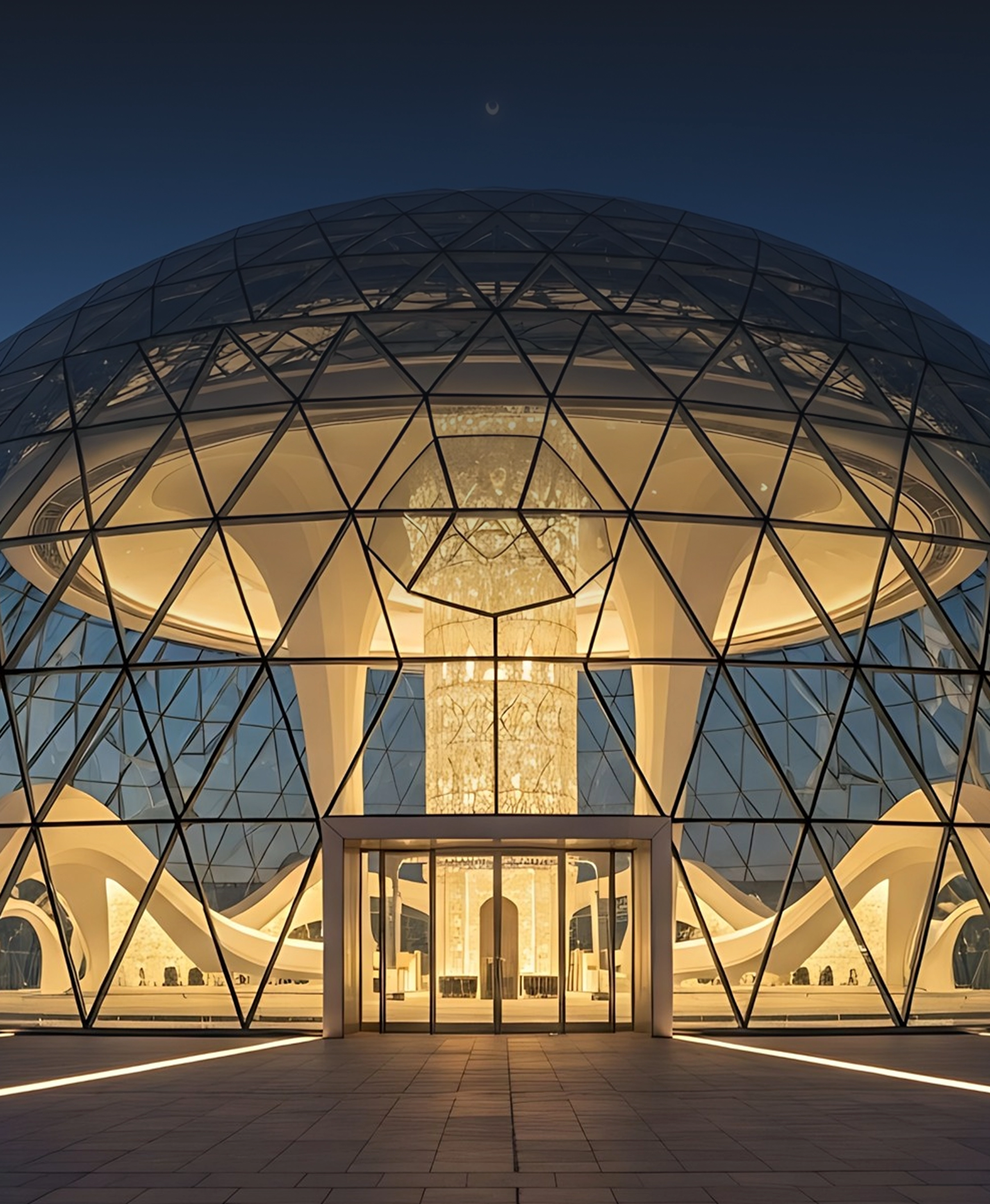 Illuminated glass dome building with geometric patterns and a central chandelier at dusk.