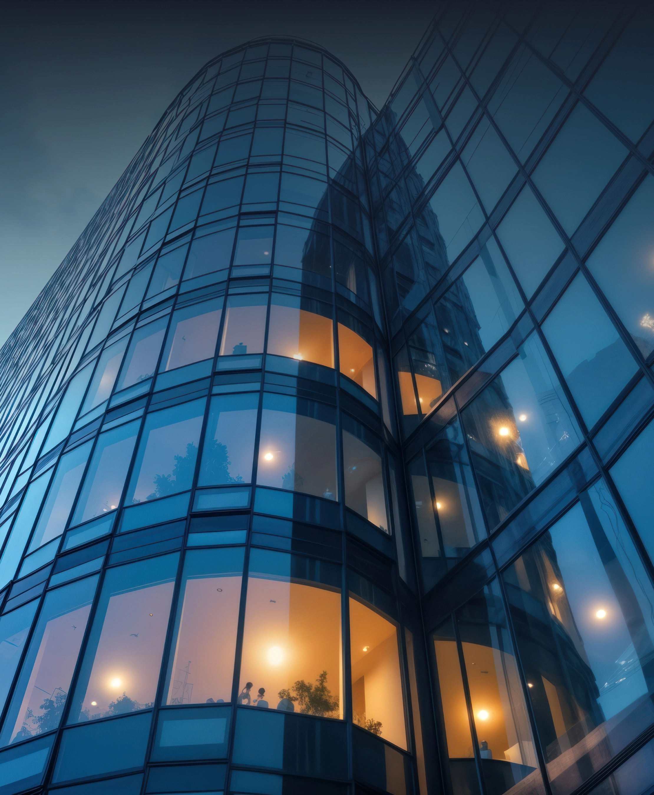 Modern glass office building at dusk with warm interior lights and silhouettes of people inside.