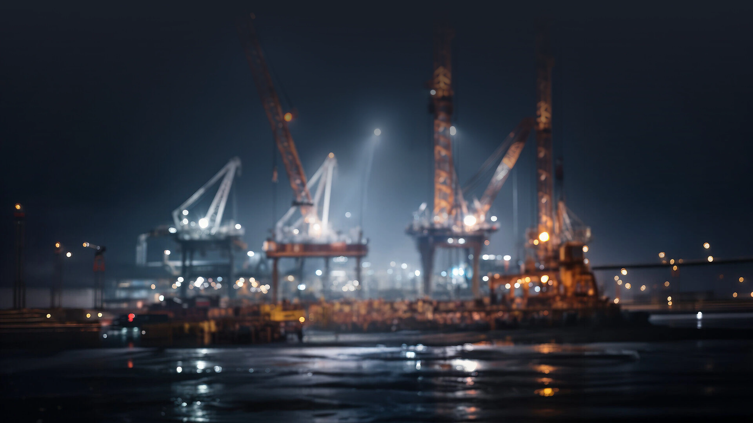 Blurred nighttime view of an illuminated industrial port with cranes and reflections on water.