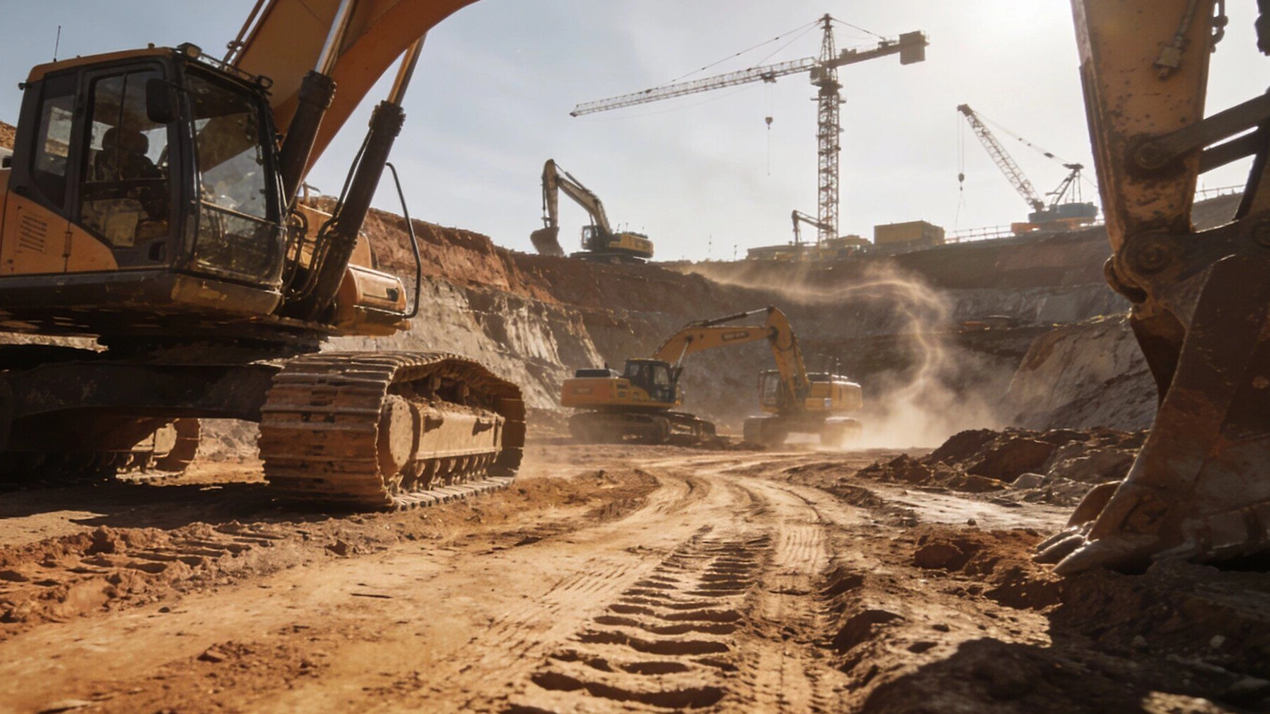 Construction site with excavators digging dirt and cranes in the background on a dusty day.