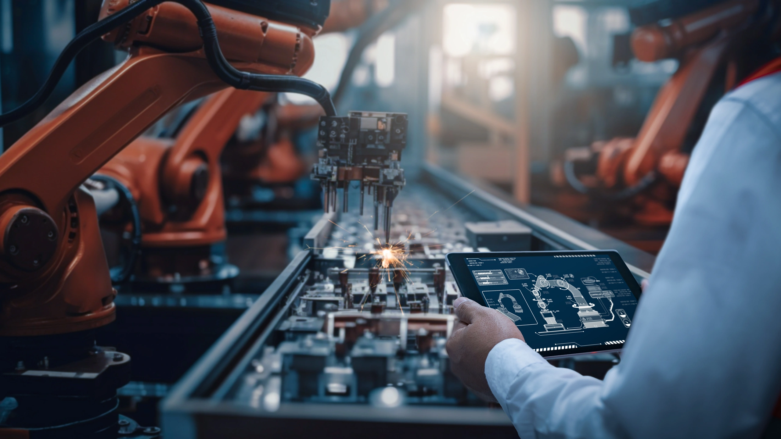 Engineer holding tablet with robotic arm interface near robotic arms welding on assembly line.
