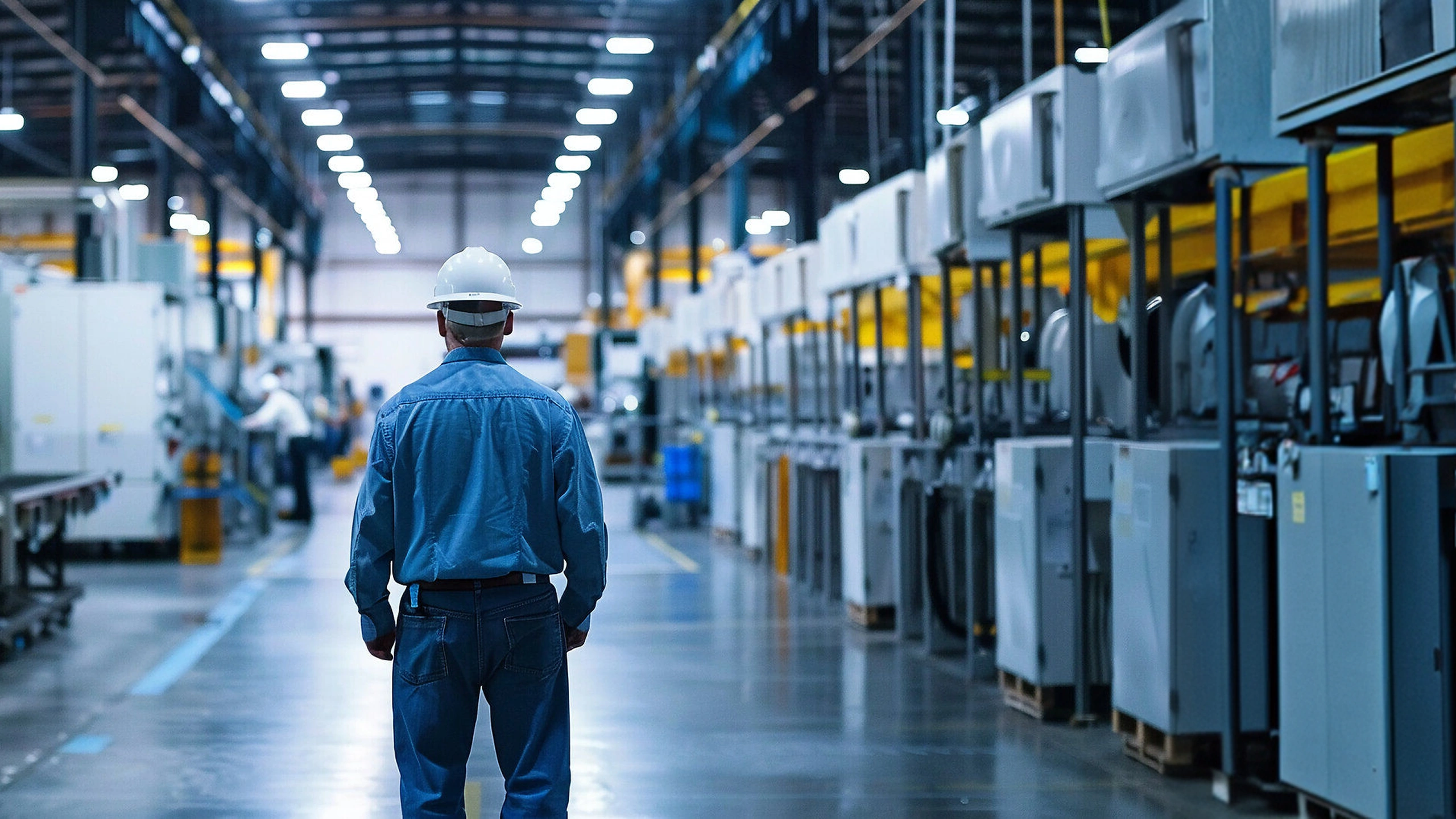 Worker in blue shirt and helmet standing in aisle of a large industrial manufacturing facility.