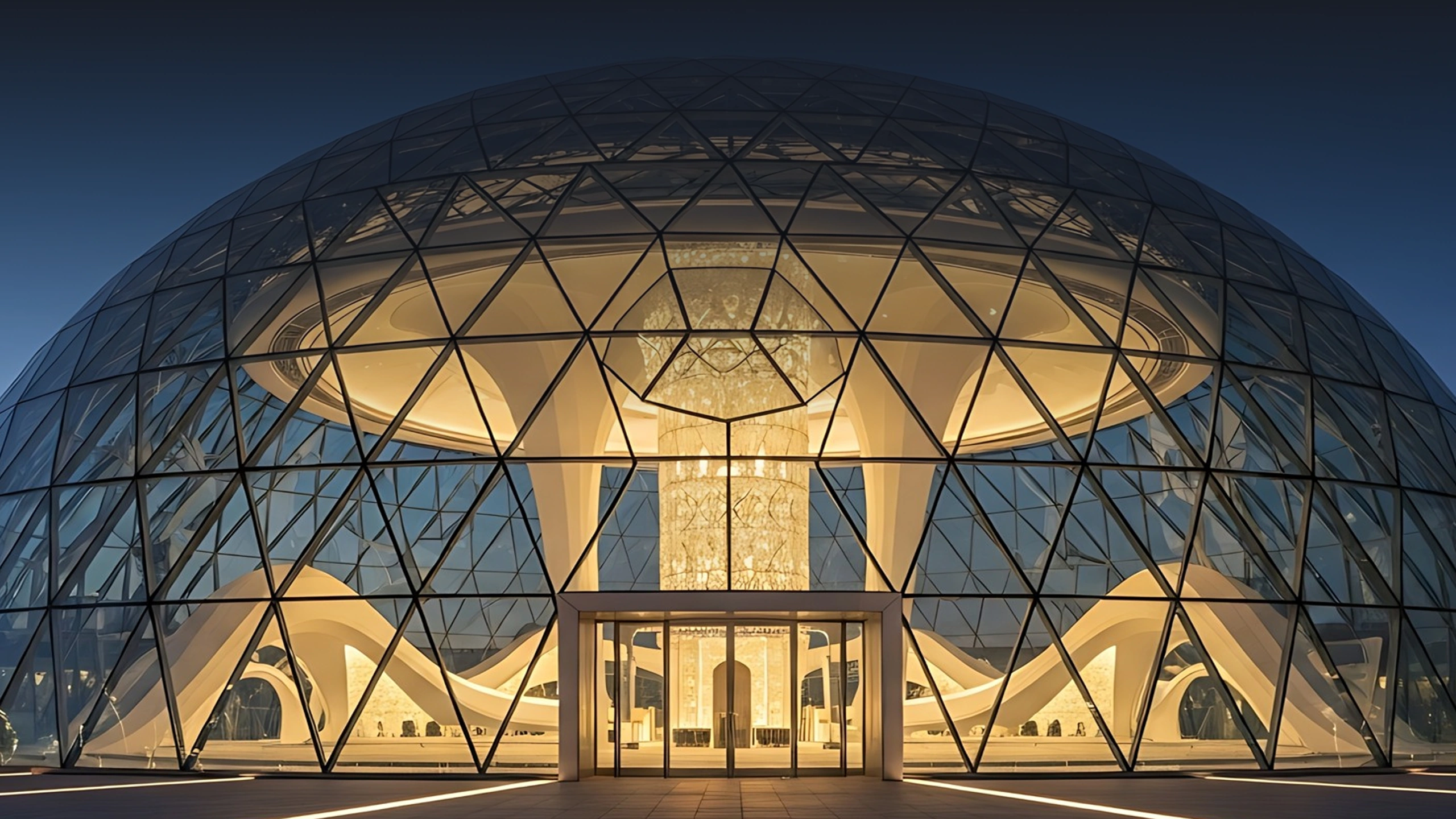 Illuminated glass dome building with geometric patterns and a central chandelier at dusk.