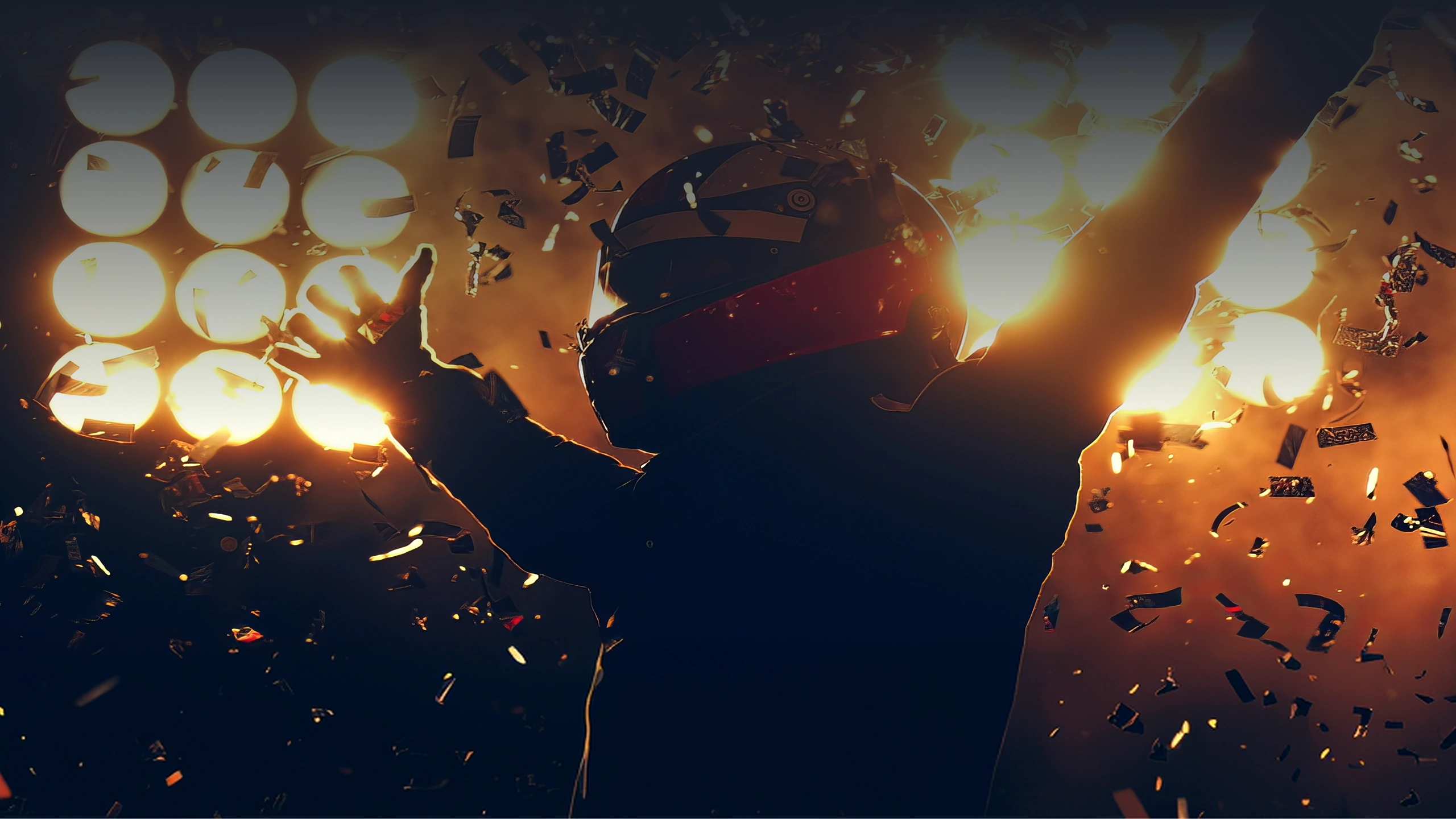 Racing driver with helmet raising arms amid confetti and bright lights, celebrating a victory.