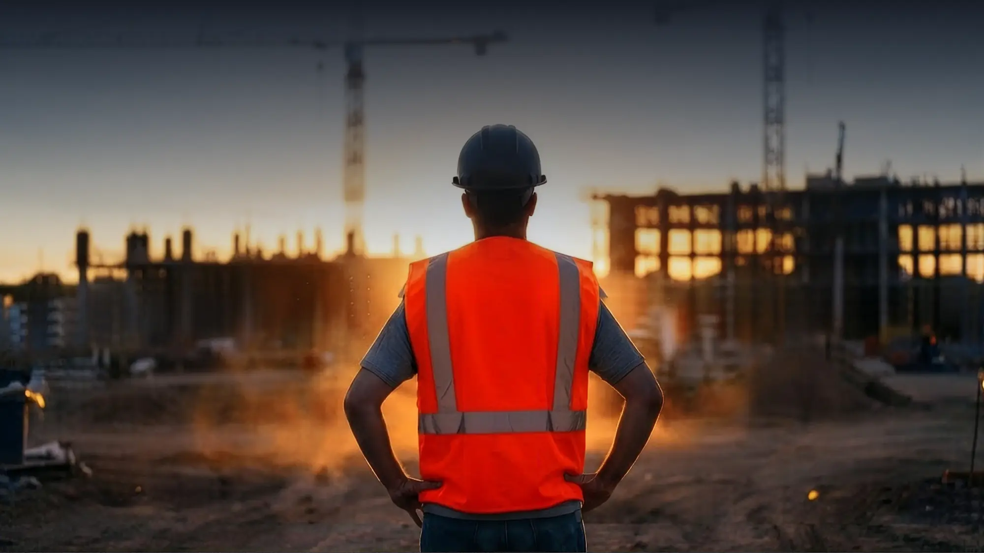 Construction worker in a hard hat and orange vest faces a construction site at sunset.