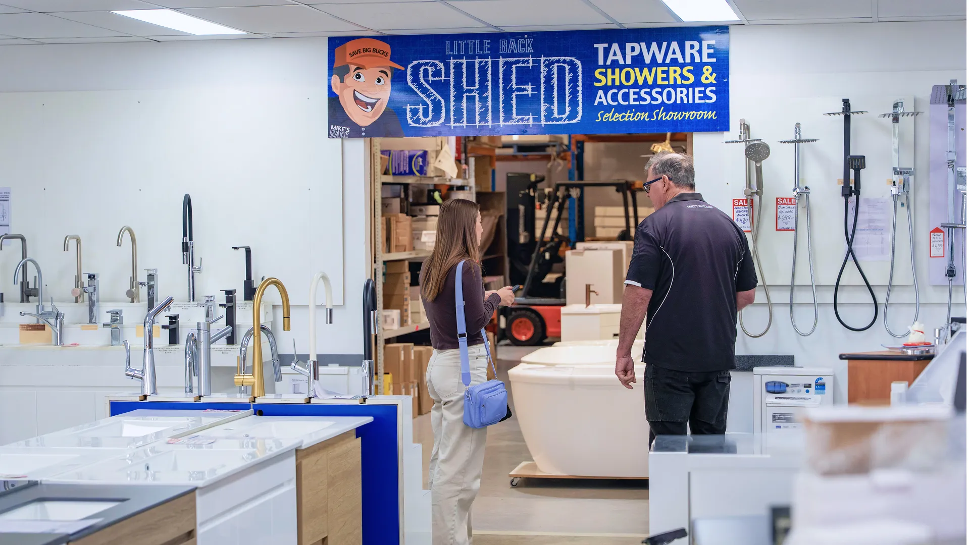 Mike's Back Shed warehouse floor in Osborne Park, with renovation products on display.