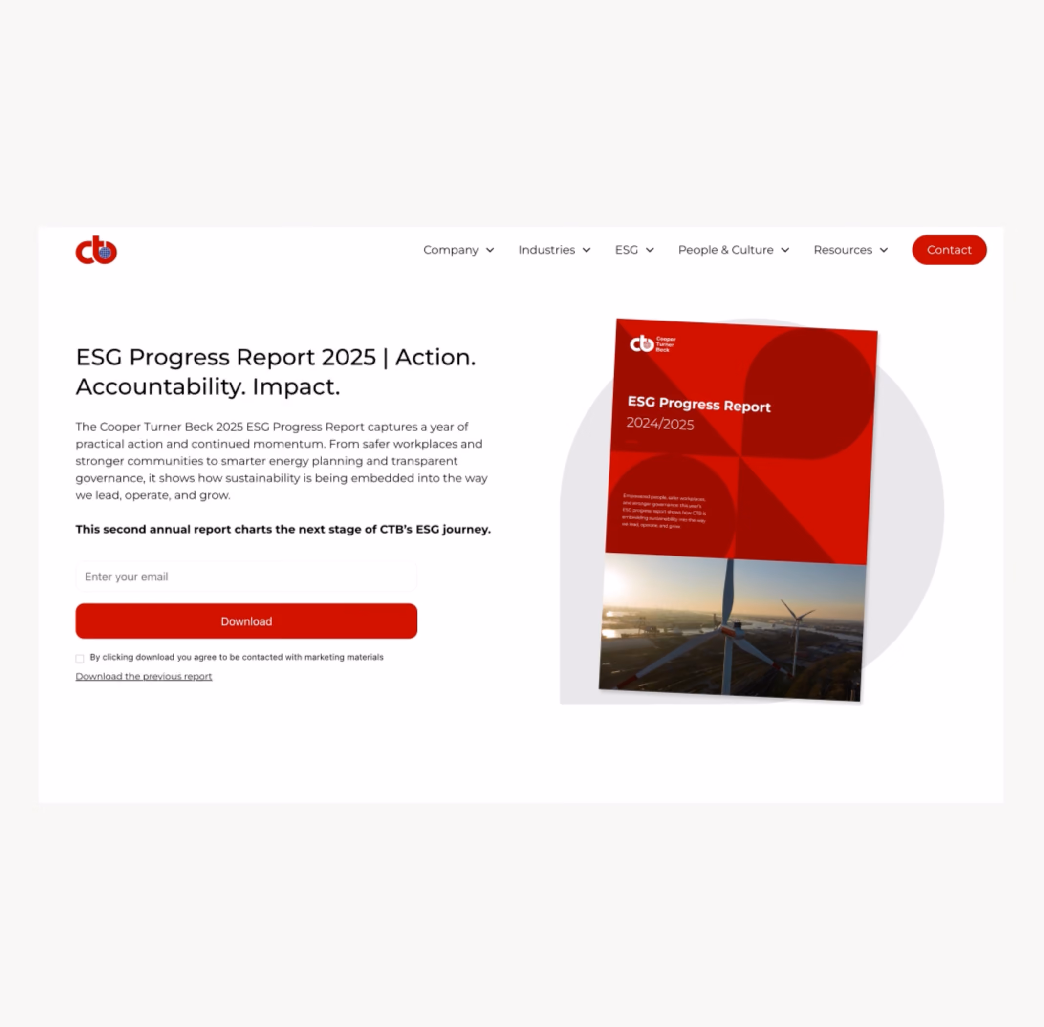 Cooper Turner Beck website presenting its ESG Progress Report 2025