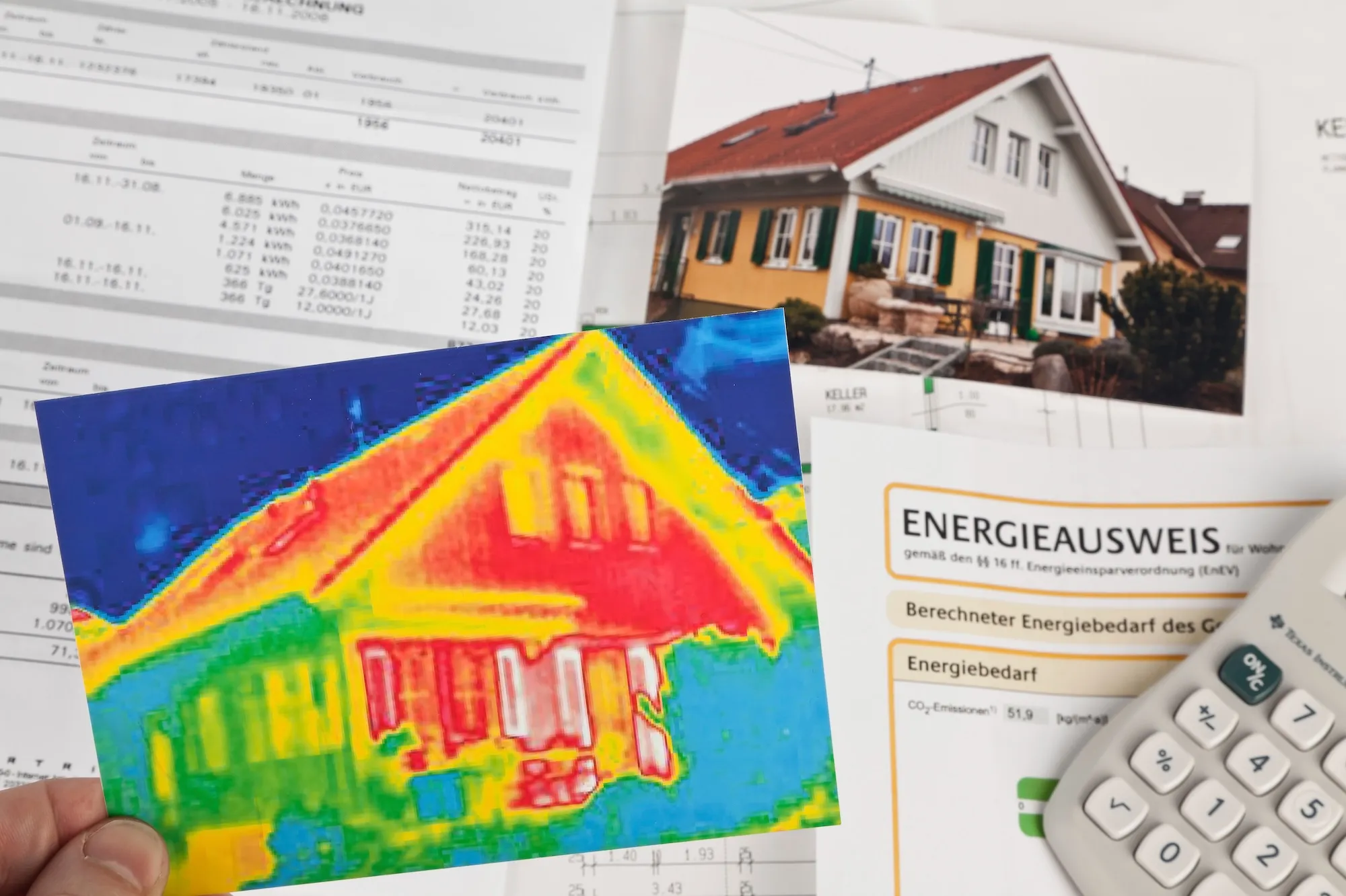 Thermografiebild eines Hauses mit rotem heißen Dach, Hintergrund zeigt Energieausweis, Rechnungen.