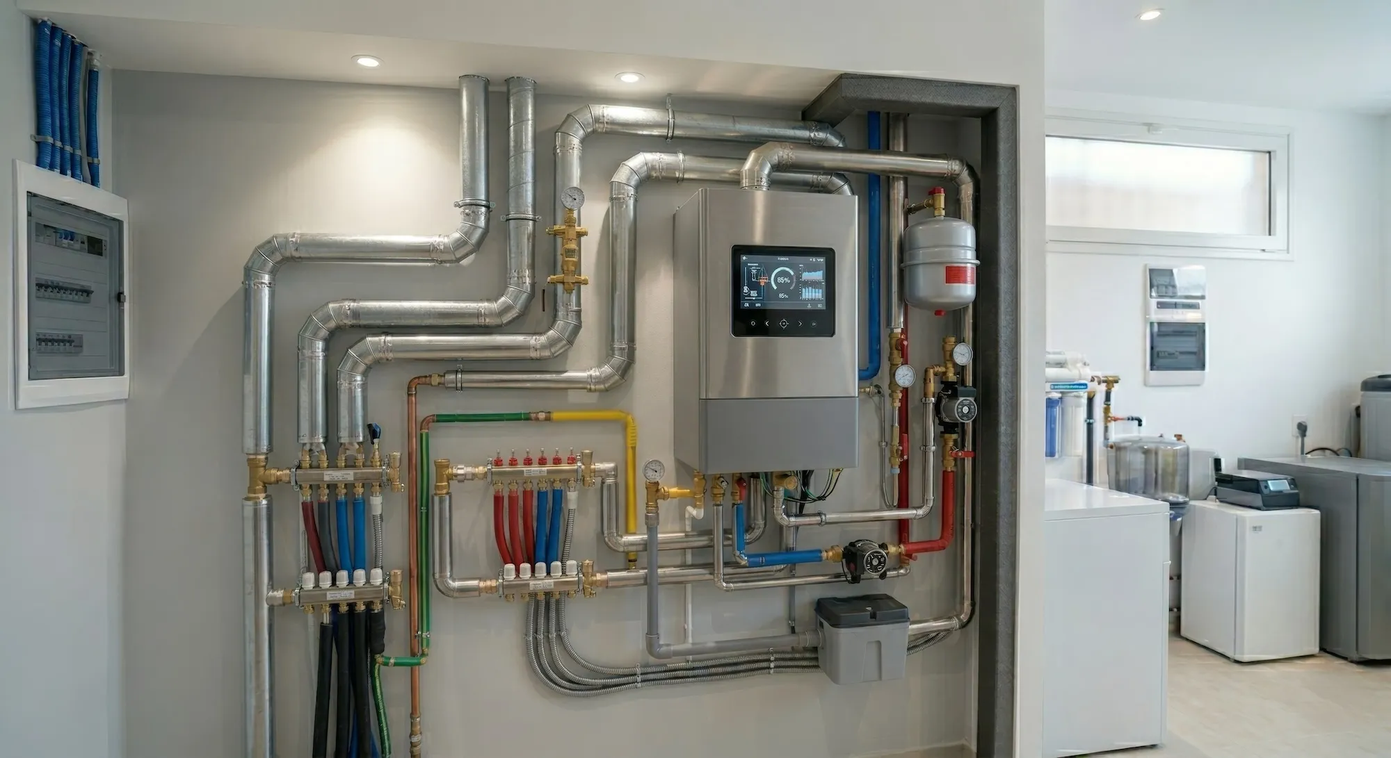 Moderne Heizungsanlage mit Ventilen, Rohren und digitalem Bedienfeld an Wand in technischem Raum.