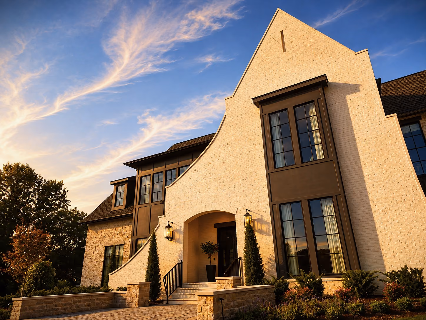Cream stucco front facade of a Cornerstone Construction home glowing at sunset.
