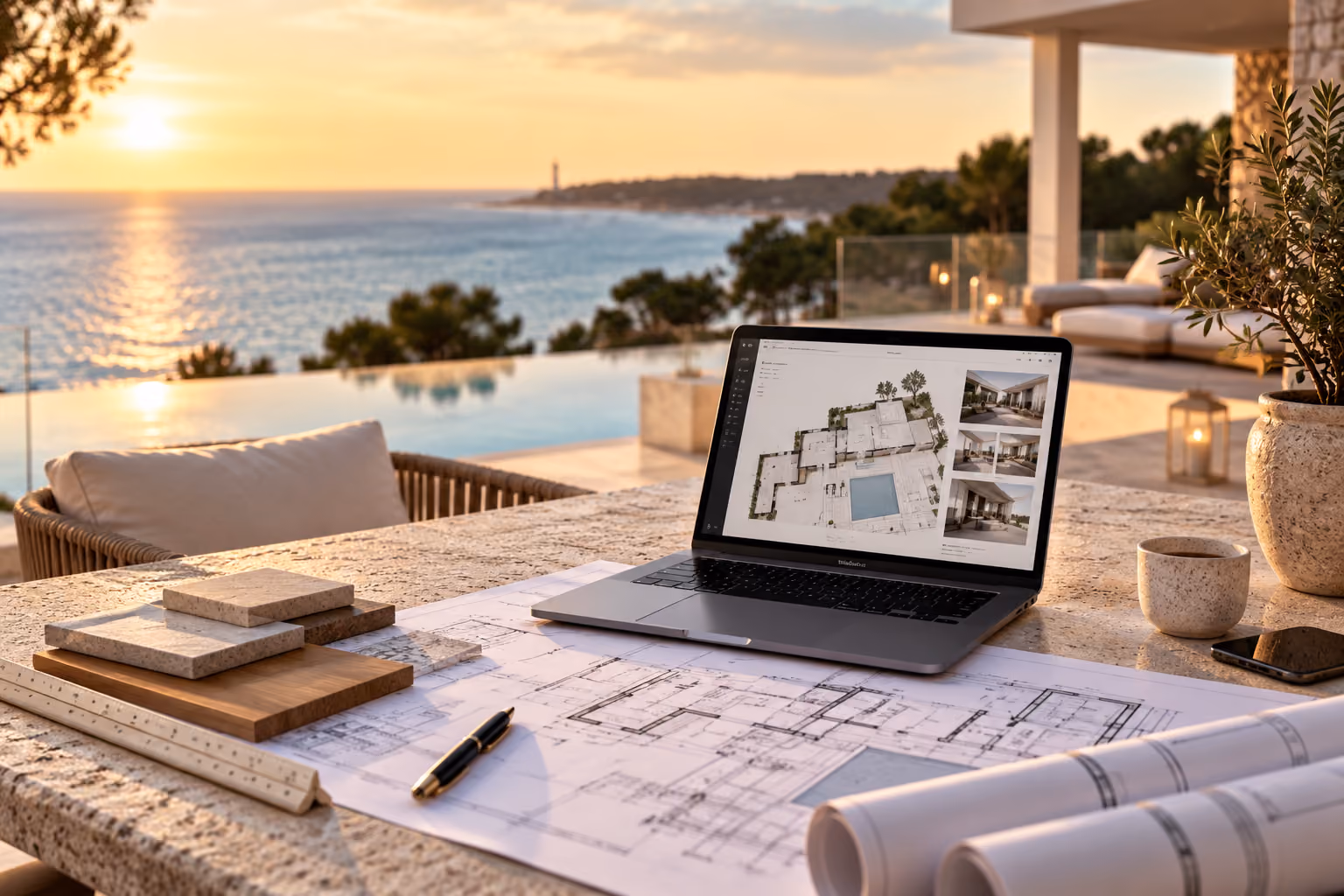 Plans d'architecte et tablette sur une terrasse de villa à Arcachon
