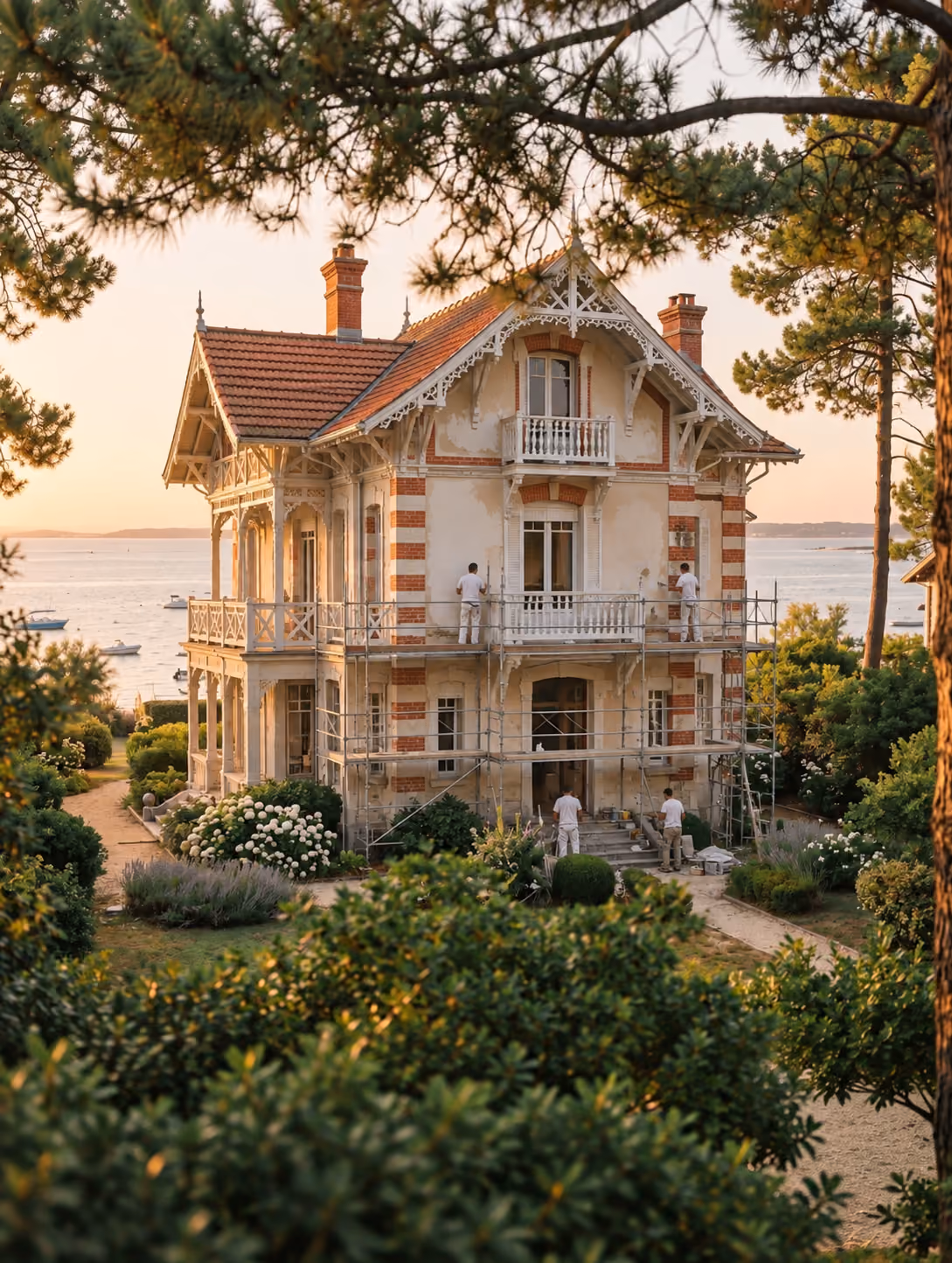Chantier de rénovation d'une villa sur le Bassin d'Arcachon, vue discrète depuis le jardin