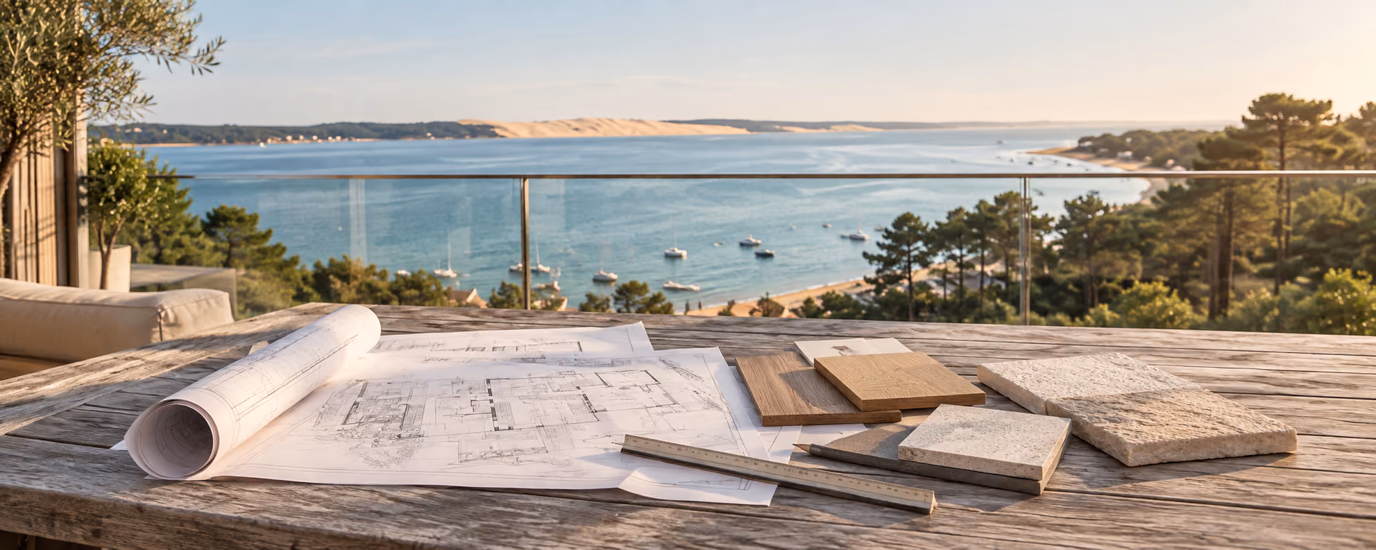 Plans et échantillons de matériaux pour un projet de rénovation, vue sur le Bassin d'Arcachon