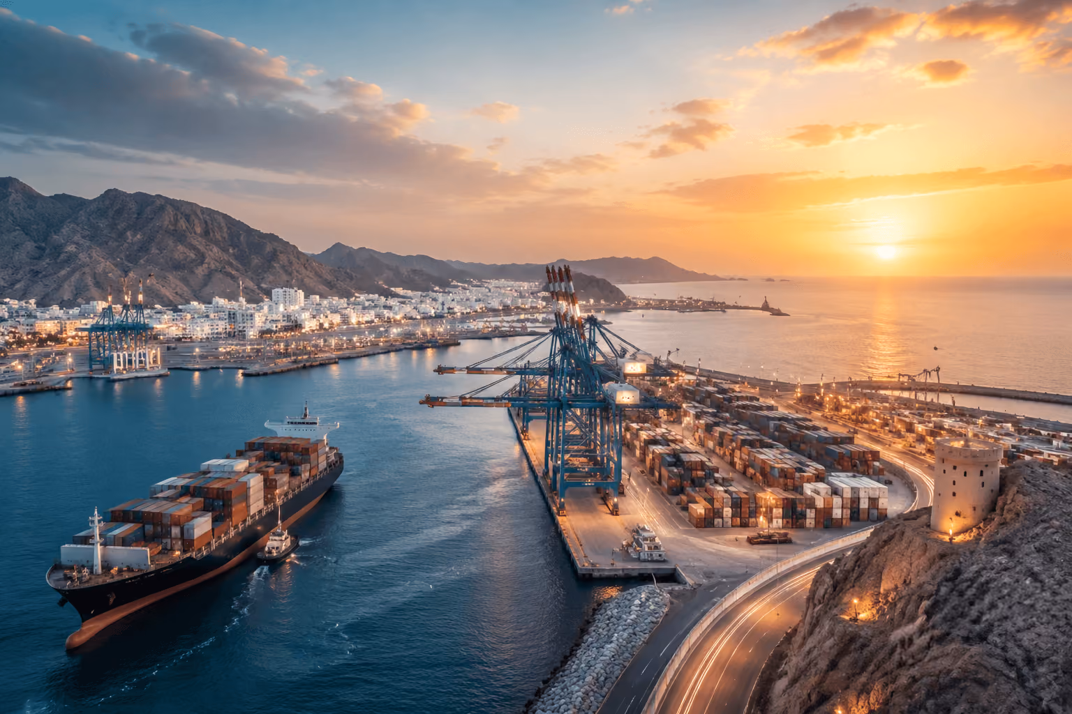 Container ship entering an Omani port at sunset, highlighting Oman’s growing role in Middle East logistics and maritime trade.