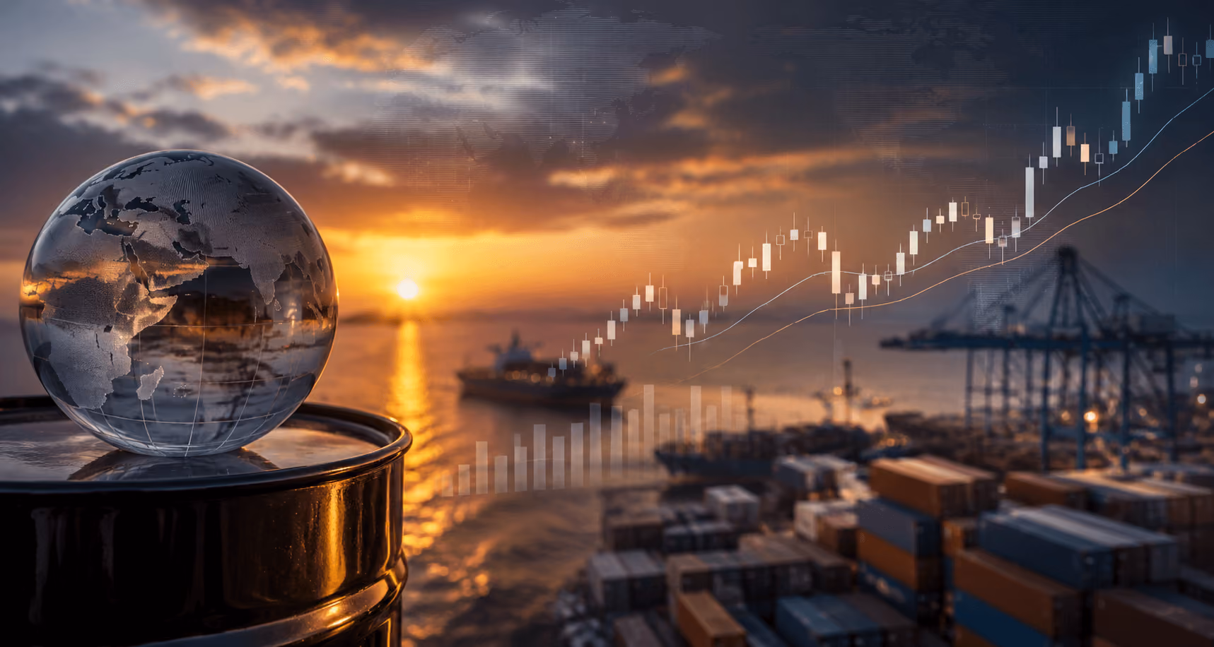 Oil barrel, global trade port, and rising market chart illustrating crude oil price scenarios and geopolitical energy risks.