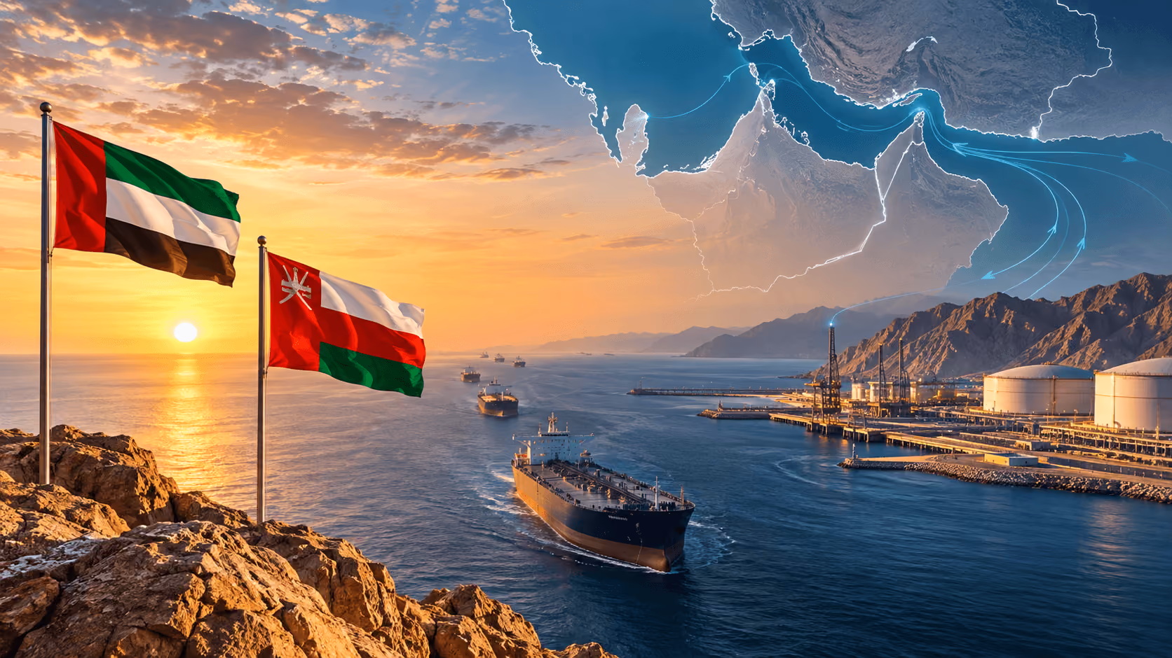 Oil tanker near Oman and the UAE with alternative shipping routes illustrating efforts to reduce Gulf energy dependence on the Strait of Hormuz.