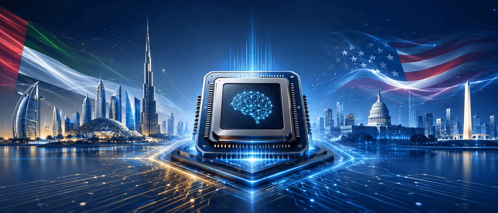 Advanced AI chip connecting the UAE and United States, representing NVIDIA technology, Stargate UAE, and strategic U.S. chip access.