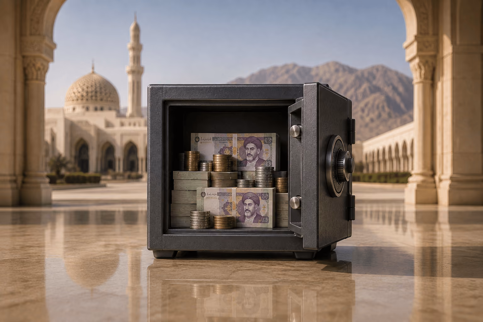 Omani rial banknotes and coins stored in a safe, illustrating the risks of keeping all savings in Omani banks instead of diversifying wealth.
