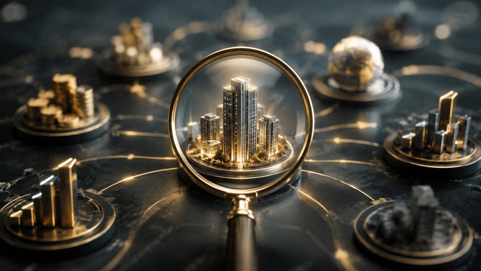 Magnifying glass analyzing a real estate investment opportunity, representing due diligence, risk assessment, and identifying valuable investments.