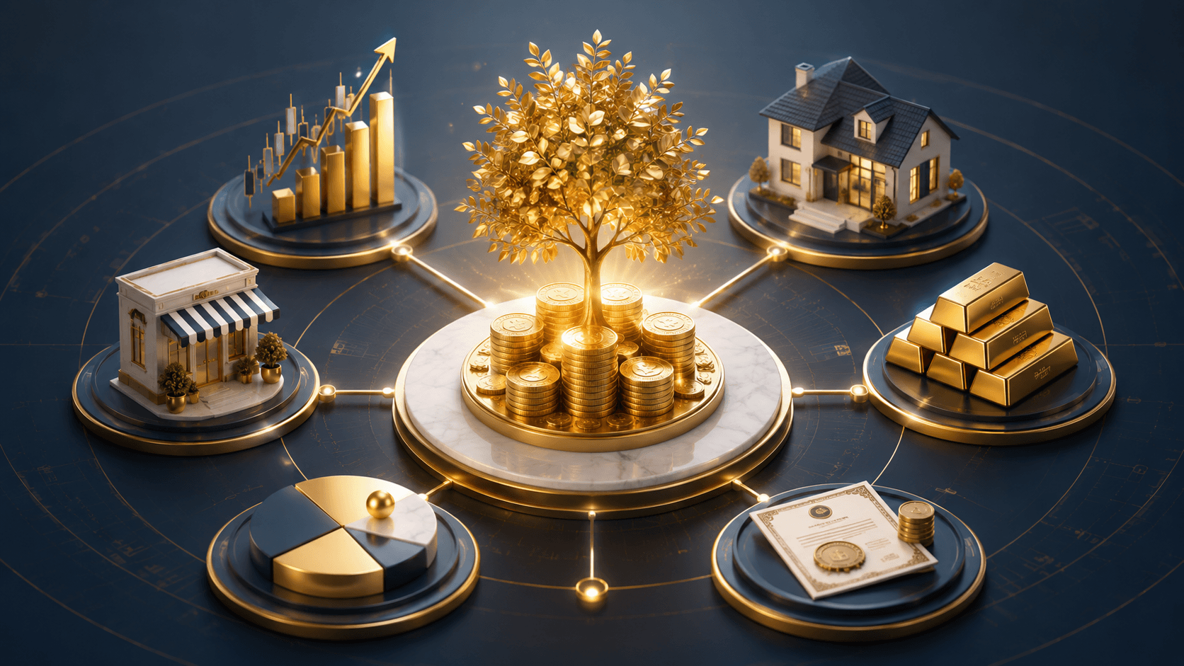 Investment portfolio with gold, real estate, stocks, and business assets beyond traditional bank savings.
