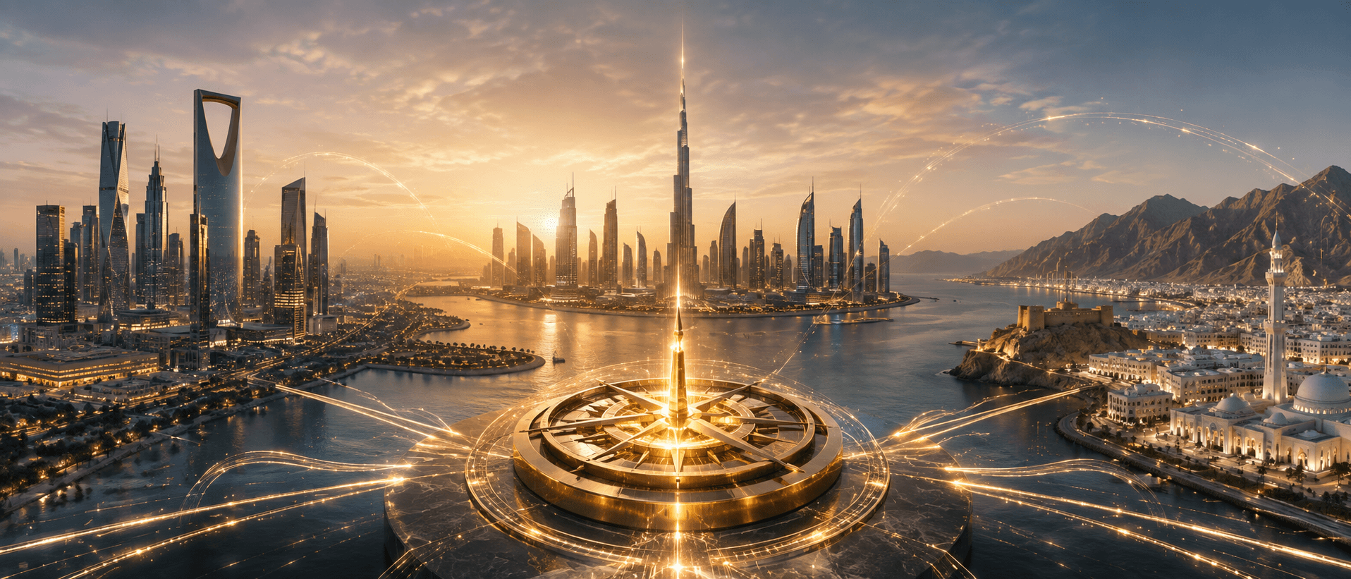 Saudi Arabia, the UAE, and Oman connected by a regional investment network, illustrating their growing competition to attract foreign capital, technology, and trade.