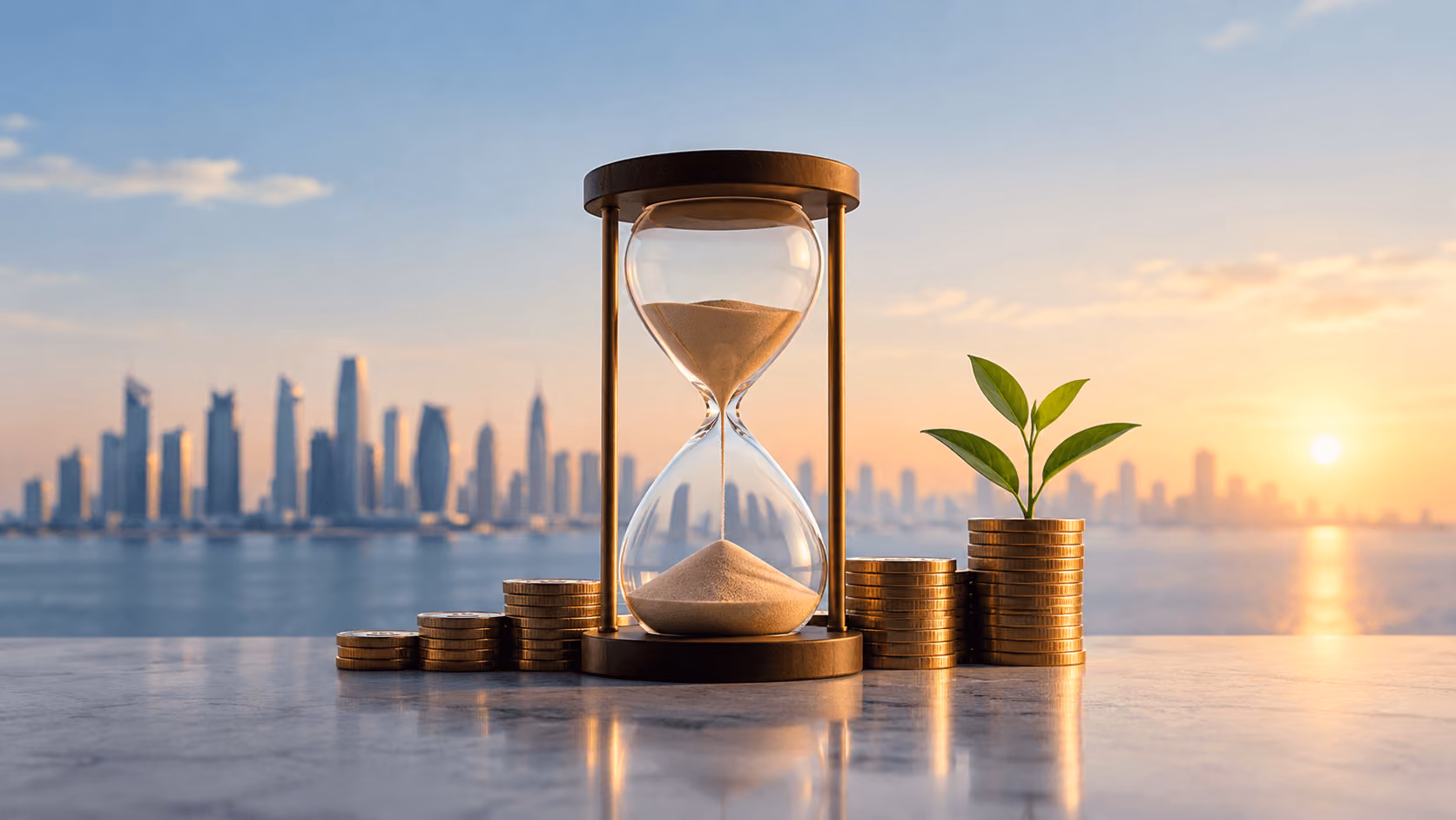 Hourglass with growing investments and city skyline illustrating the importance of time, patience, and starting an investment journey.