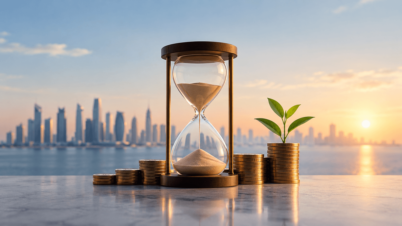 Hourglass with growing investments and city skyline illustrating the importance of time, patience, and starting an investment journey.